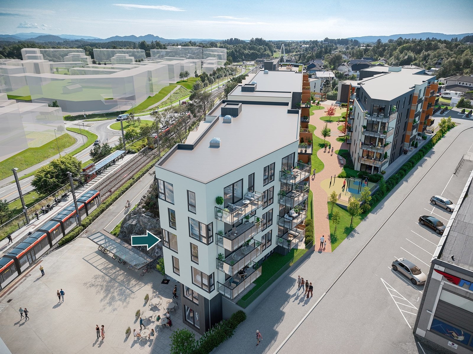 Bygg G fremst i bildet. Leiligheten er merket med pil. Skyggeillustrasjoner til venstre i bildet er planlagt bebyggelse. Galleribilde