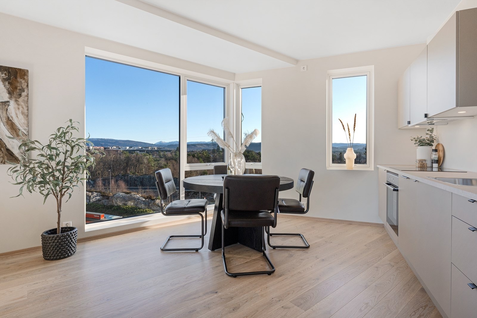 Her kan du nyte alle måltider. Store vindusflater gir et naturlig lys i leiligheten. Galleribilde