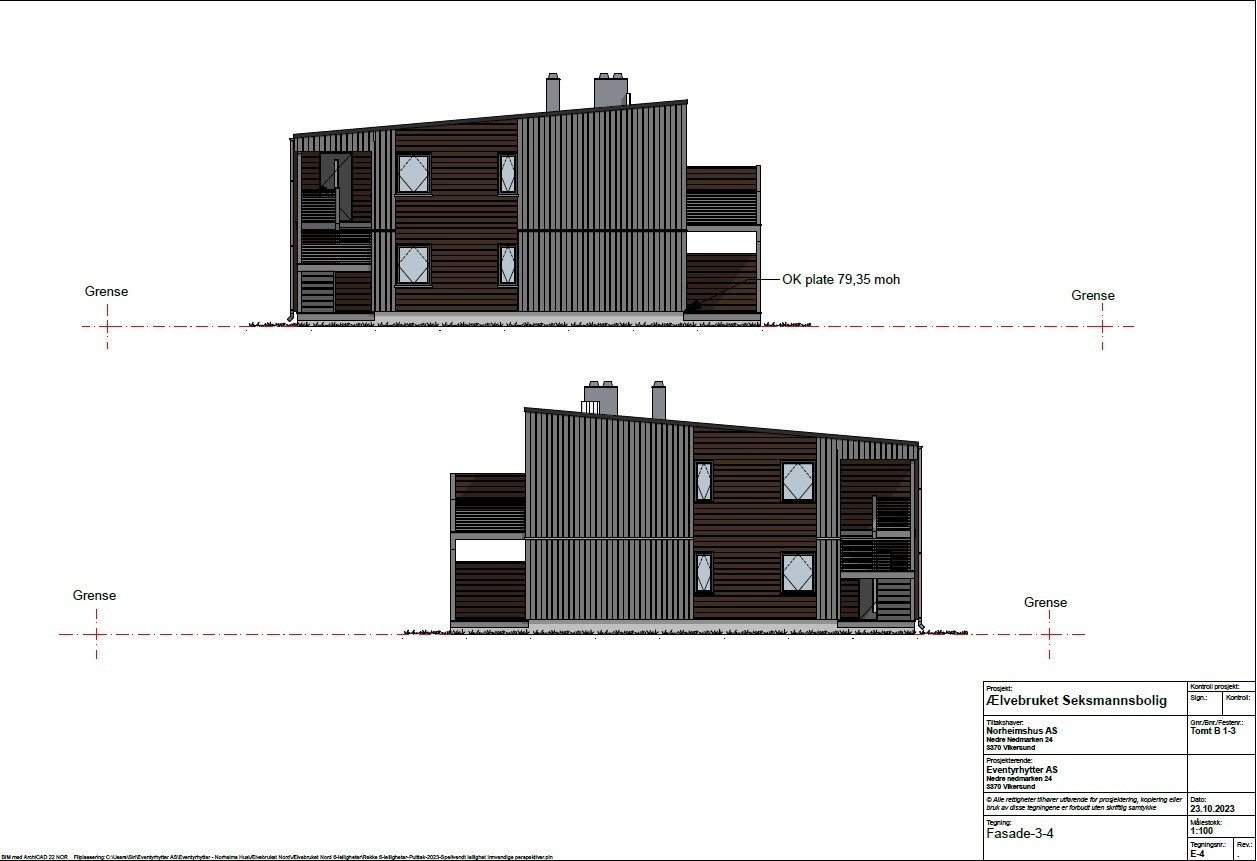 Fasadetegning - Øst/vest (Seksmannsbolig nr. 1) Galleribilde