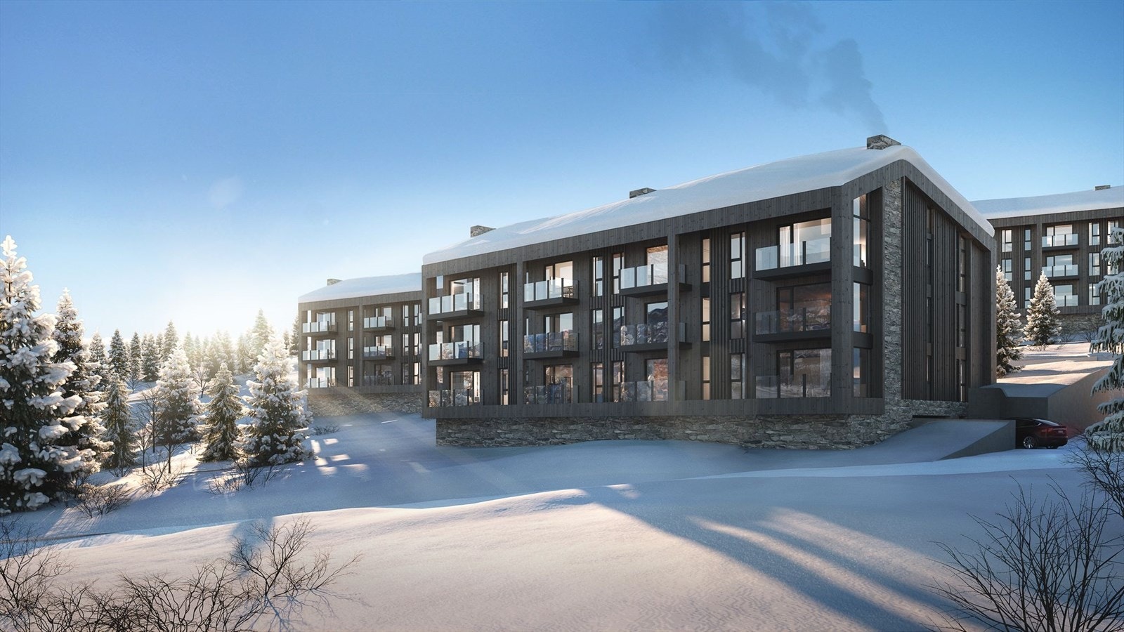 Som illustrasjonen viser planlegges det oppført ytterligere to leilighetsbygg i prosjektet, men det er ikke avgjort når dette evt. vil skje. Galleribilde