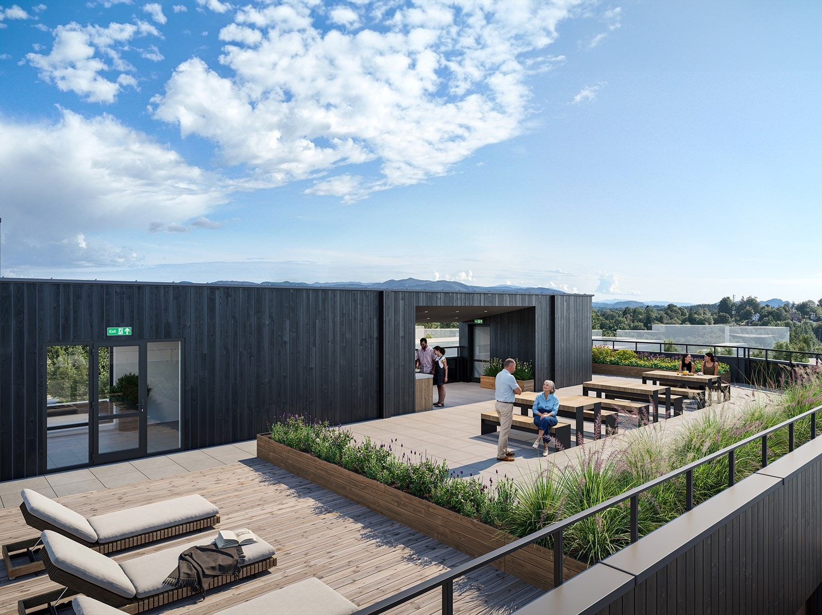 Prosjektet får en stor felles takterrasse inndelt i soner og utekjøkken under tak. Galleribilde