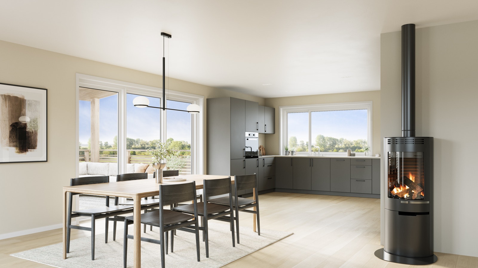 Illustrasjon av kjøkken og spiseplass og utgang til stor altan. Galleribilde