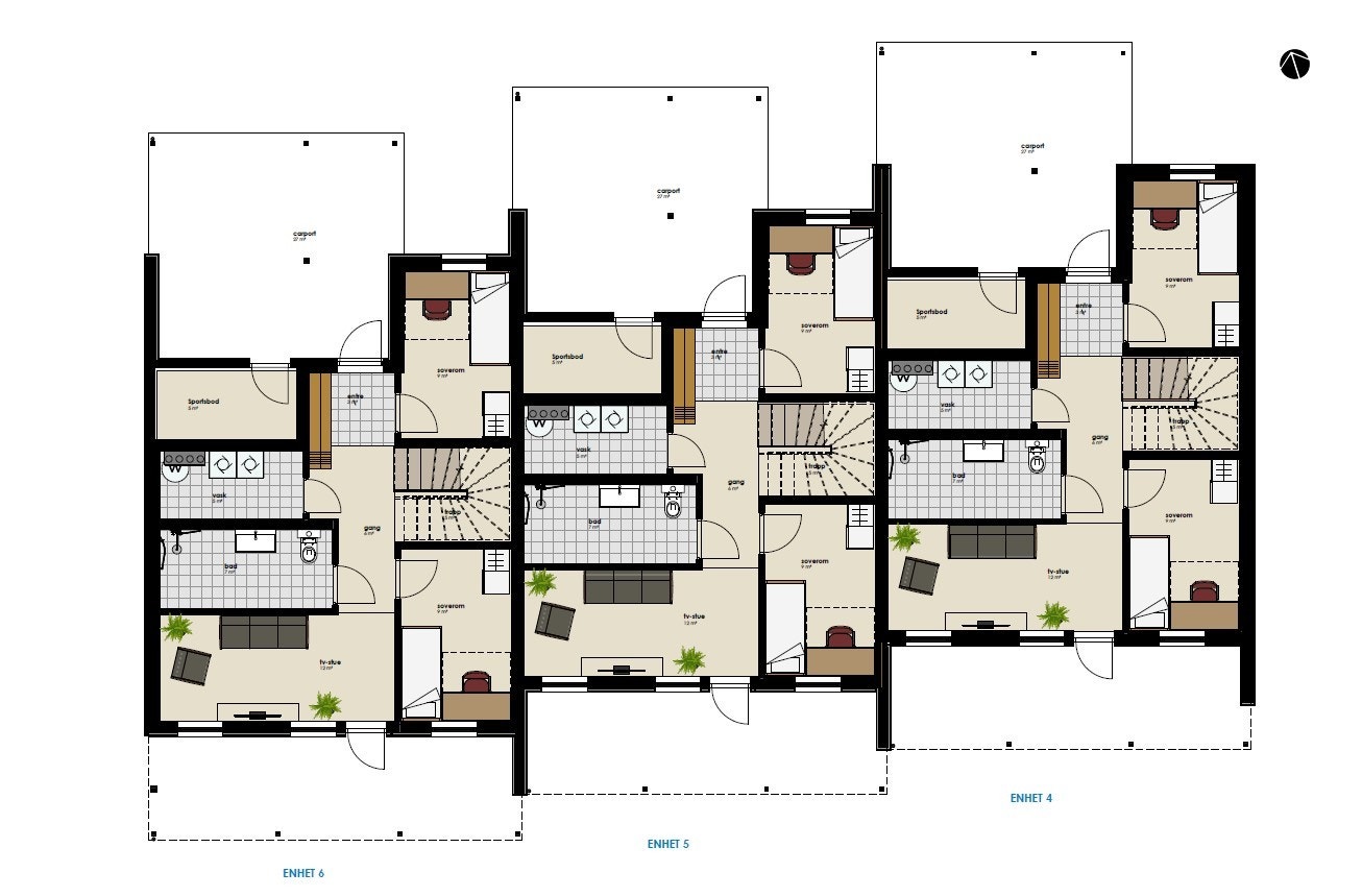 Plantegning over 1. etg, legg merke til at det er bad både oppe og nede Galleribilde