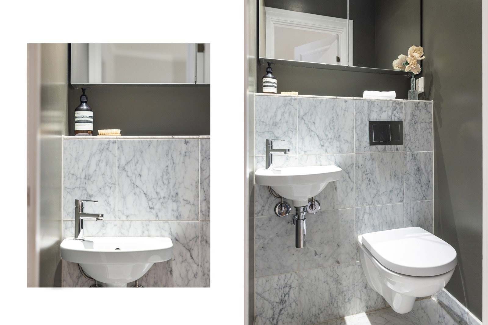 Nylig oppusset separat wc med flotte fliser og farger på ca. 1 m². Rommet inneholder et vegghengt toalett, en servant og gode oppbevaringsmuligheter i speilskap. Galleribilde