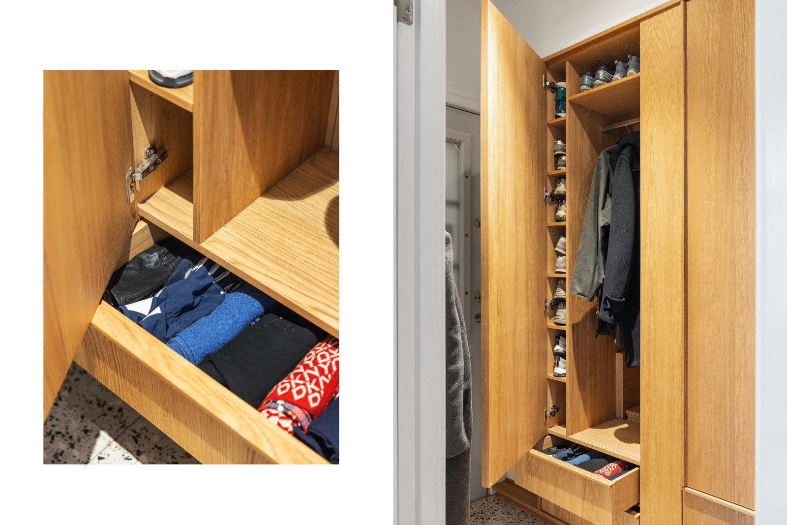 Entréen er også oppgradert med et spesialtilpasset garderobeskap i eik fra 2022. Galleribilde