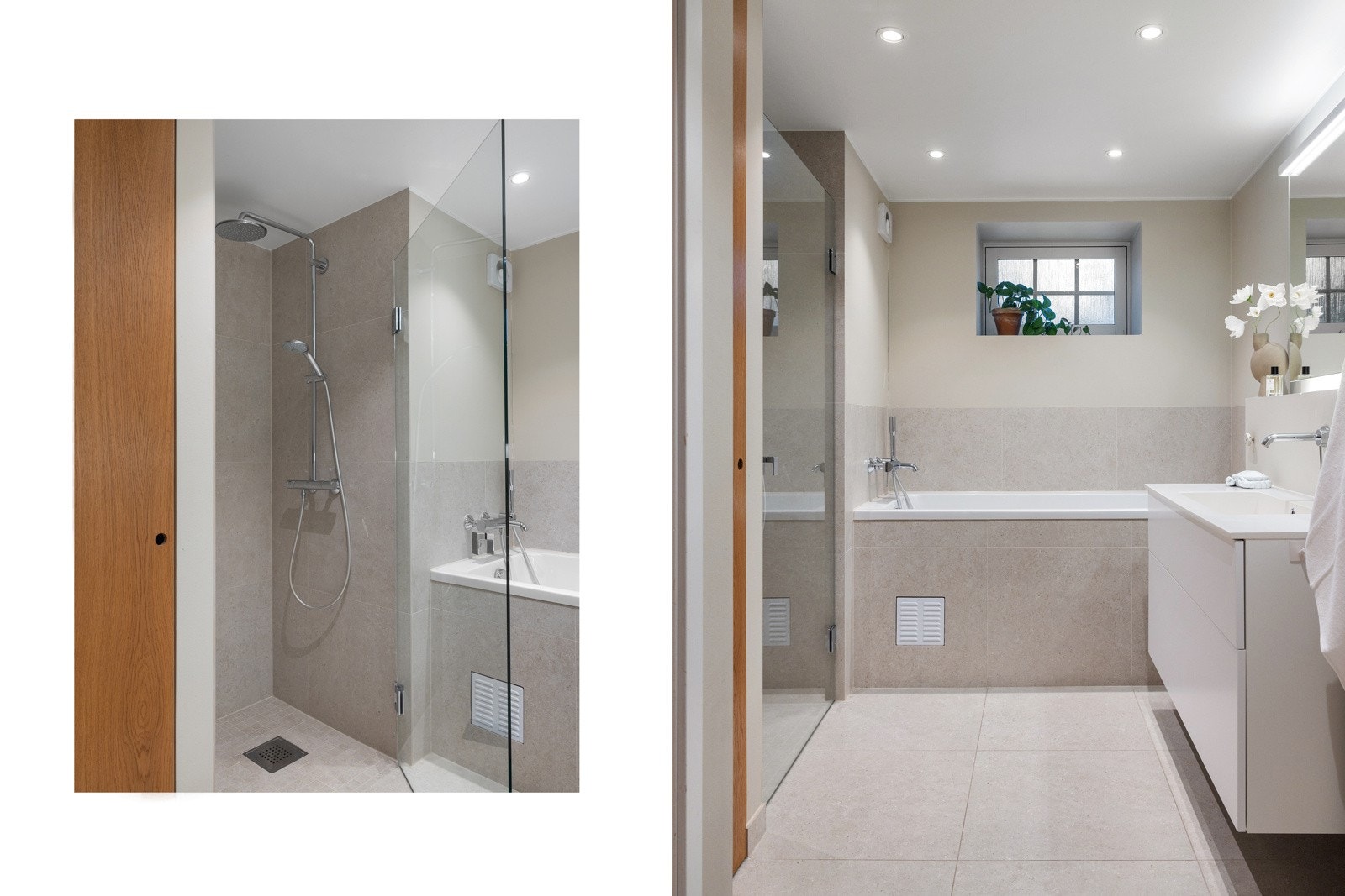 Stort og lekkert bad med varmekabler på ca. 8 m² fra 2019, utført av fagfolk. Rommet inneholder et servantskap med speil og lys over, innebygd badekar og nedsenket dusjsone med glassdør. Galleribilde