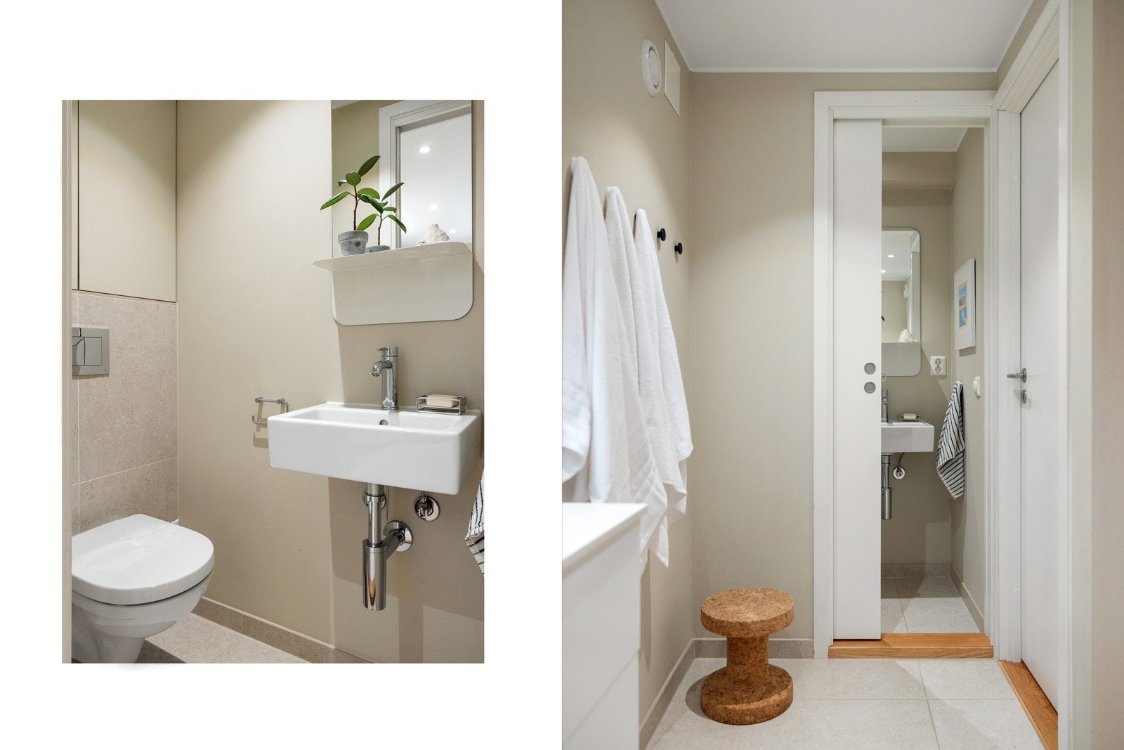 Toalettrommet er adskilt fra badet med en skyvedør. Toalettrommet inneholder servant med speilskap over og vegghengt toalett. Galleribilde