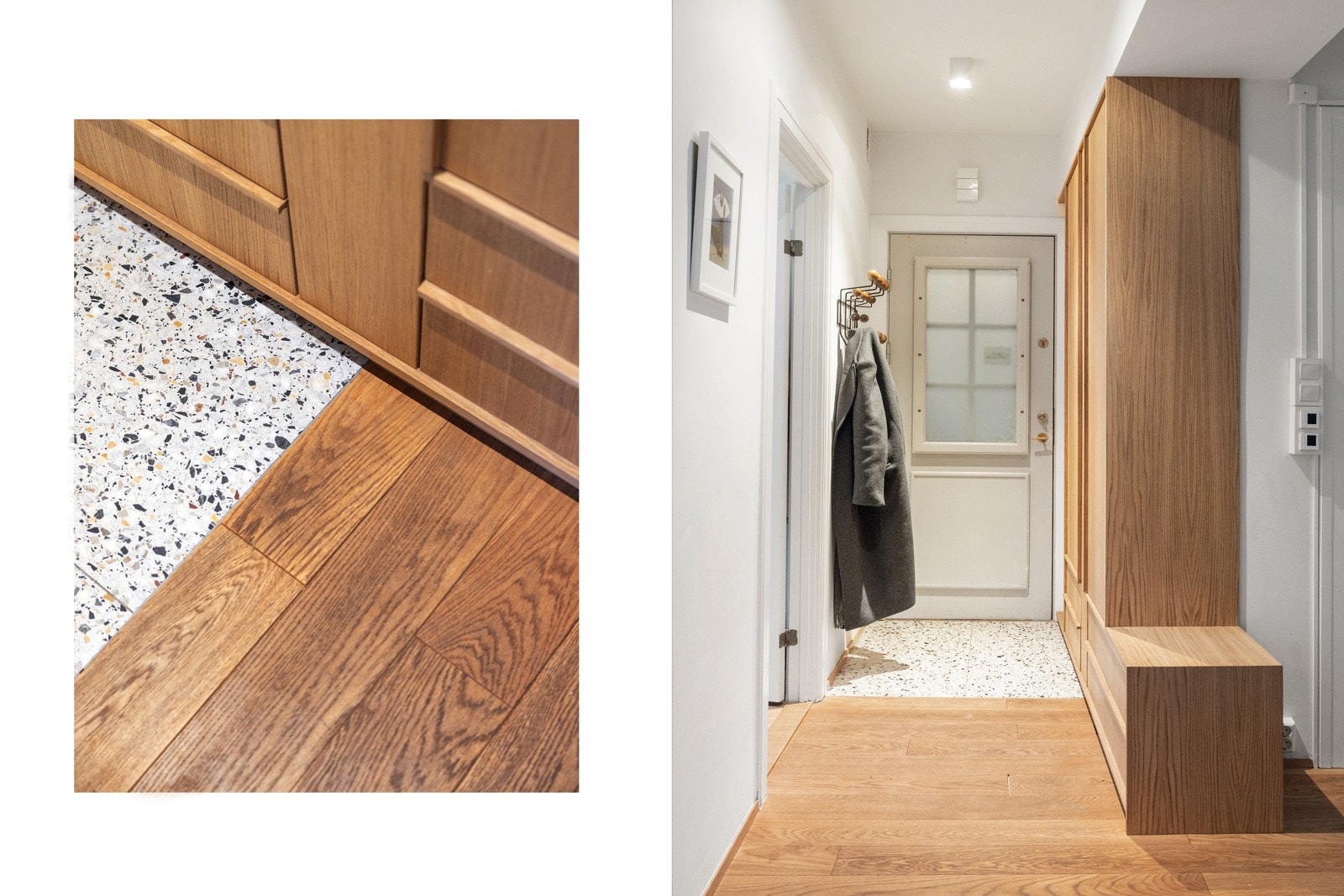 Innbydende entré på ca. 4 m² med flotte terrazzo-fliser fra 2022, med varmekabler under. Galleribilde