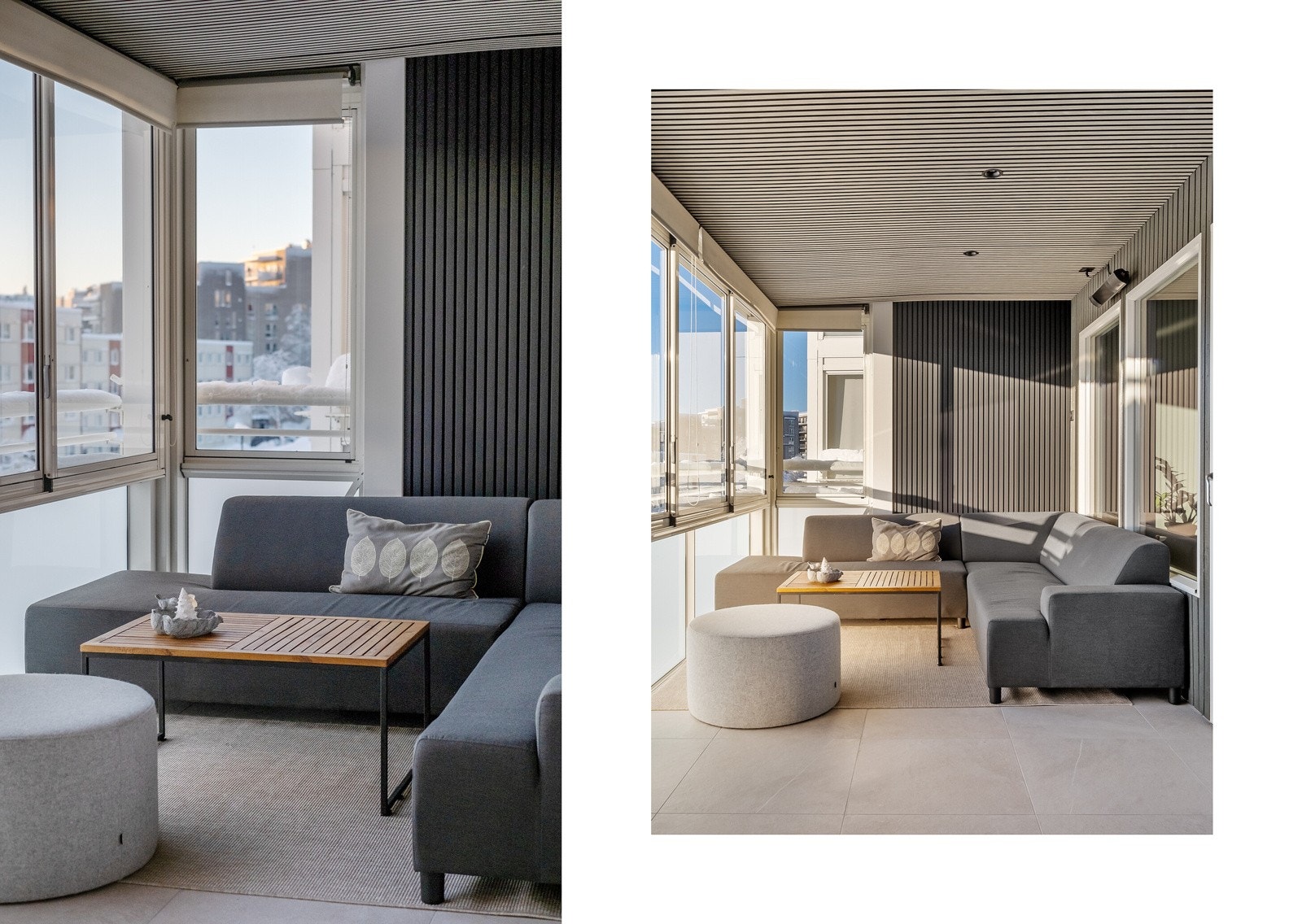 Balkongen ble oppgradert i 2024 med fliser på gulv, plater/spiler på vegger og tak, samt downlights. Galleribilde