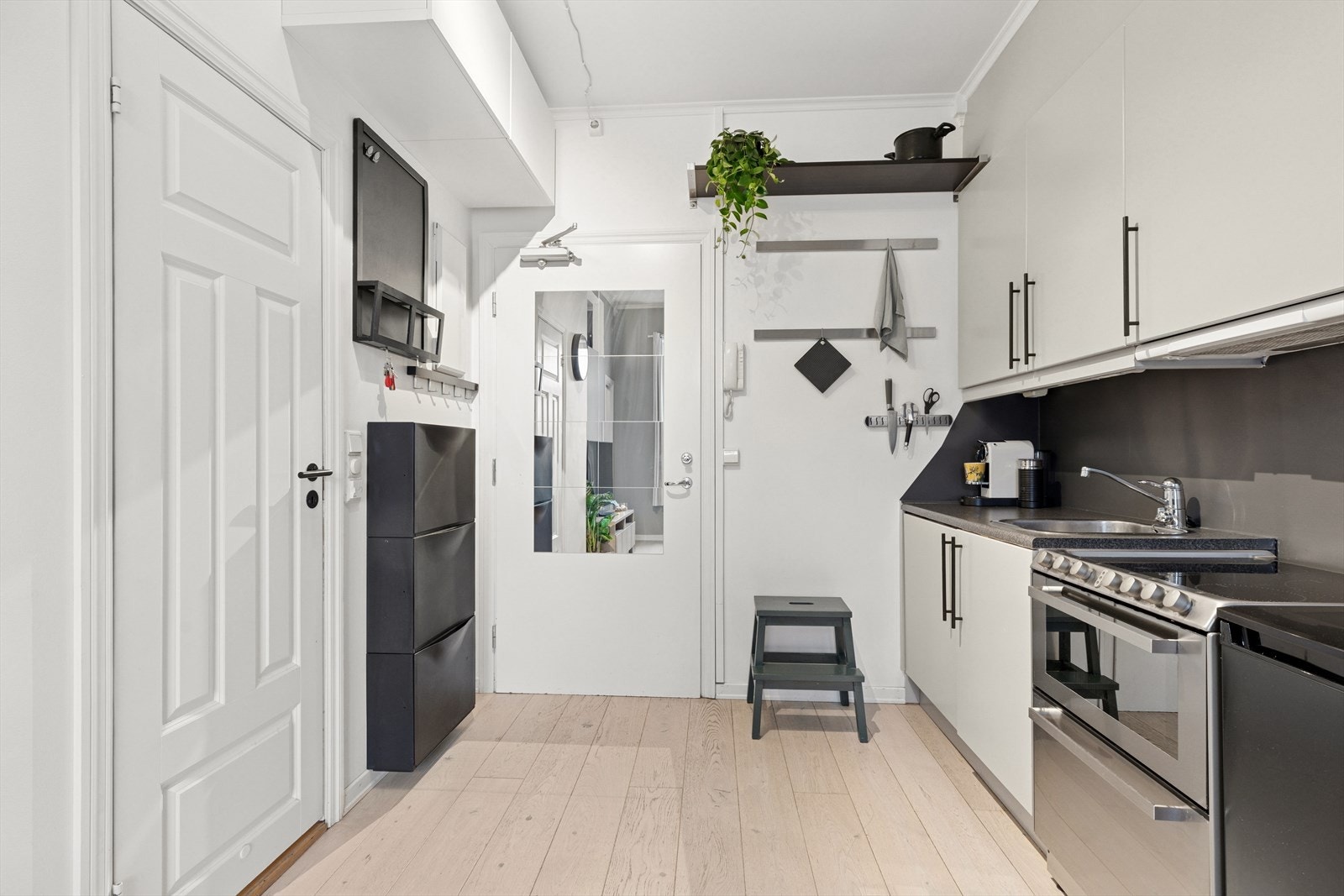 Meget arealeffektiv entré med plass til å henge fra seg yttertøy og sette fra seg skoene. Galleribilde