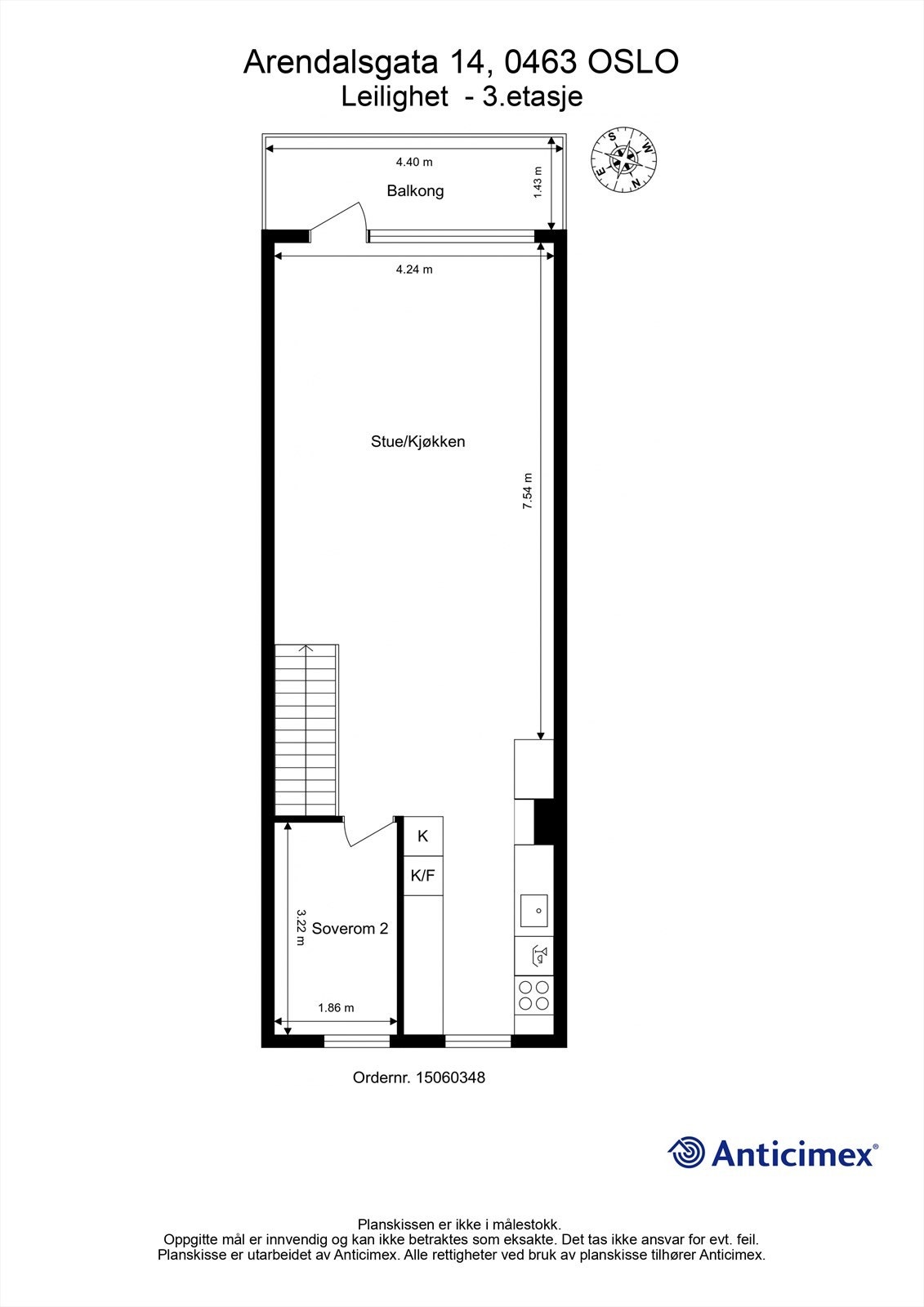 Plantegning, 3. etasje/hovedetasje inneholder stue med utgang til balkong, kjøkken og soverom. Galleribilde