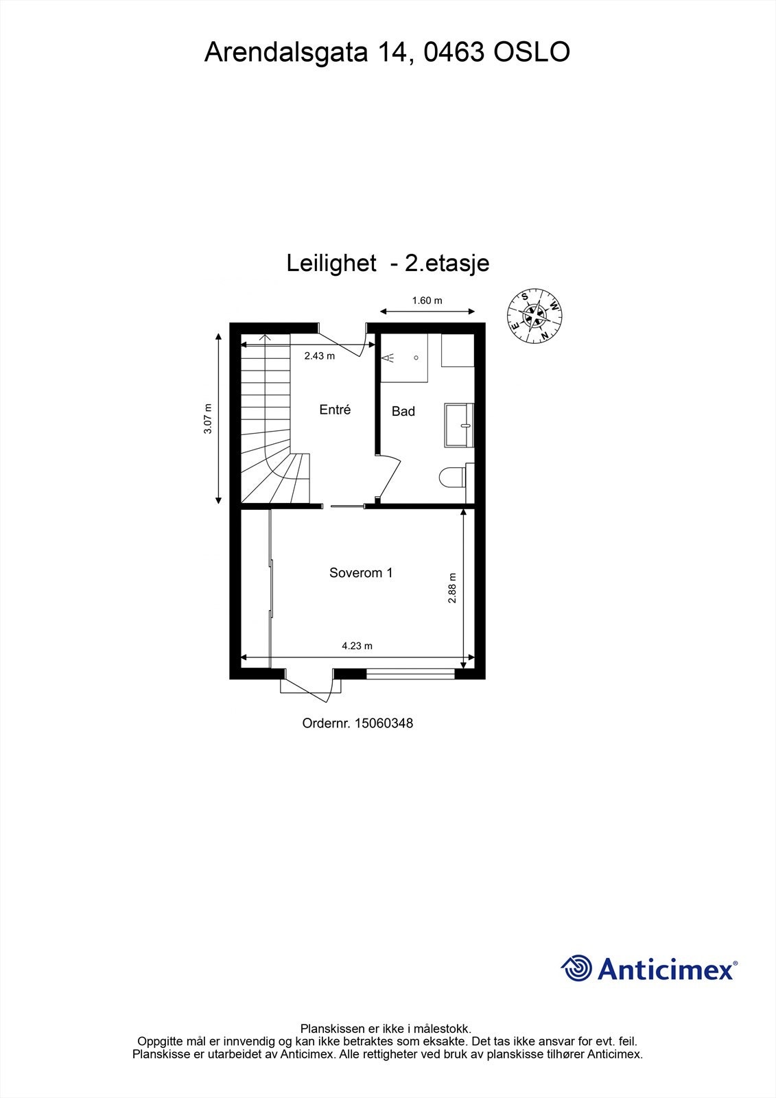 Plantegning, 2. etasje inneholder entré/trapperom hovedsoverom og bad/wc. Galleribilde