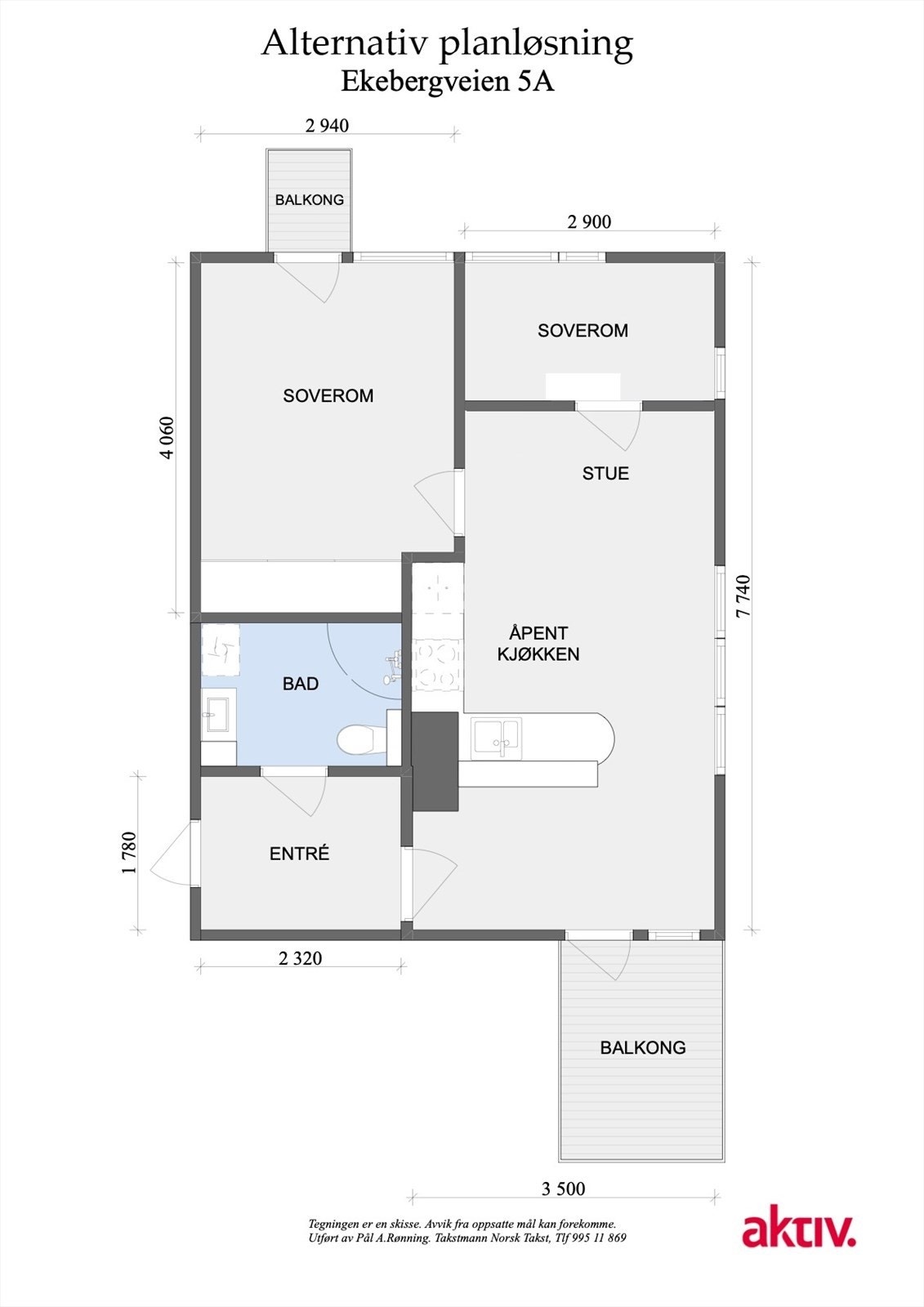 Alternativ planløsning. Det er mulig å etablere et ekstra soverom ved å sette opp lettvegg i deler av stuen. Galleribilde