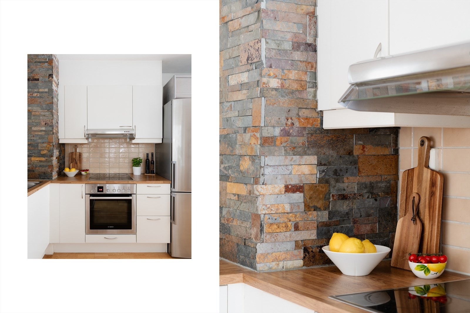 Kjøkkenet er utstyrt med en flott skifervegg som tar igjen leilighetens fargepalett. Galleribilde