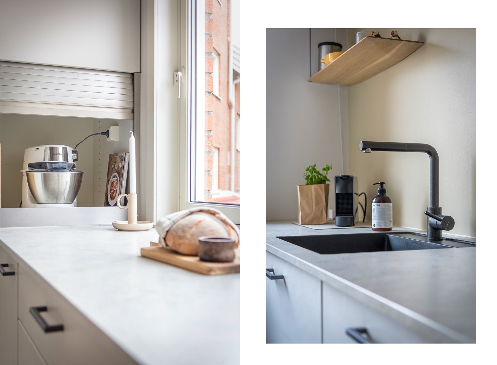 Benkeplaten på kjøkkenet er av laminat og tåler en trøkk. I den er det også to nedfelte stikkontakter Galleribilde