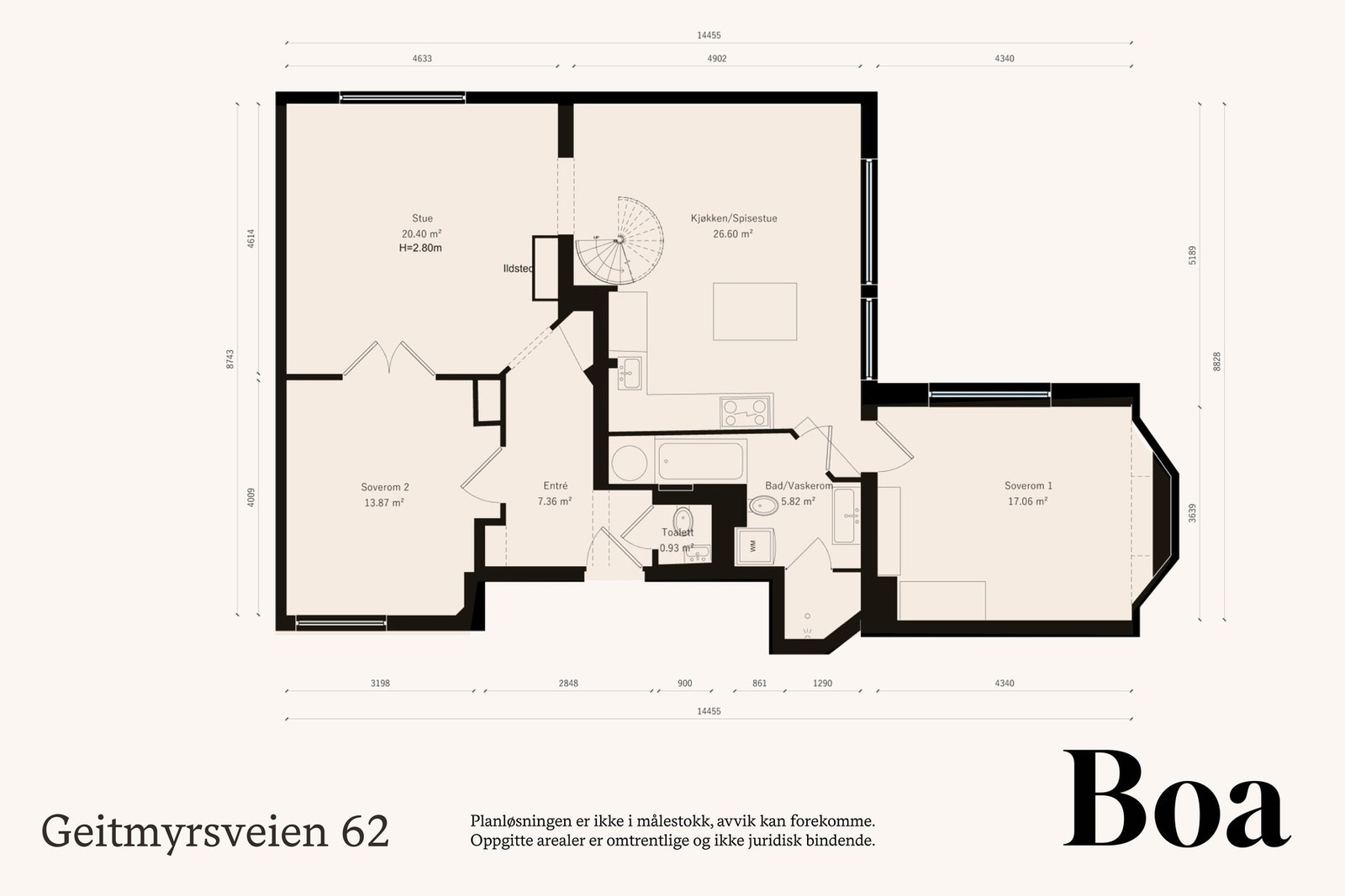 3. etasje: Entré/hall, stue, kjøkken med spisestue, 2 soverom, bad/wc, toalett.
Loftsetasje: 2 soverom. Galleribilde
