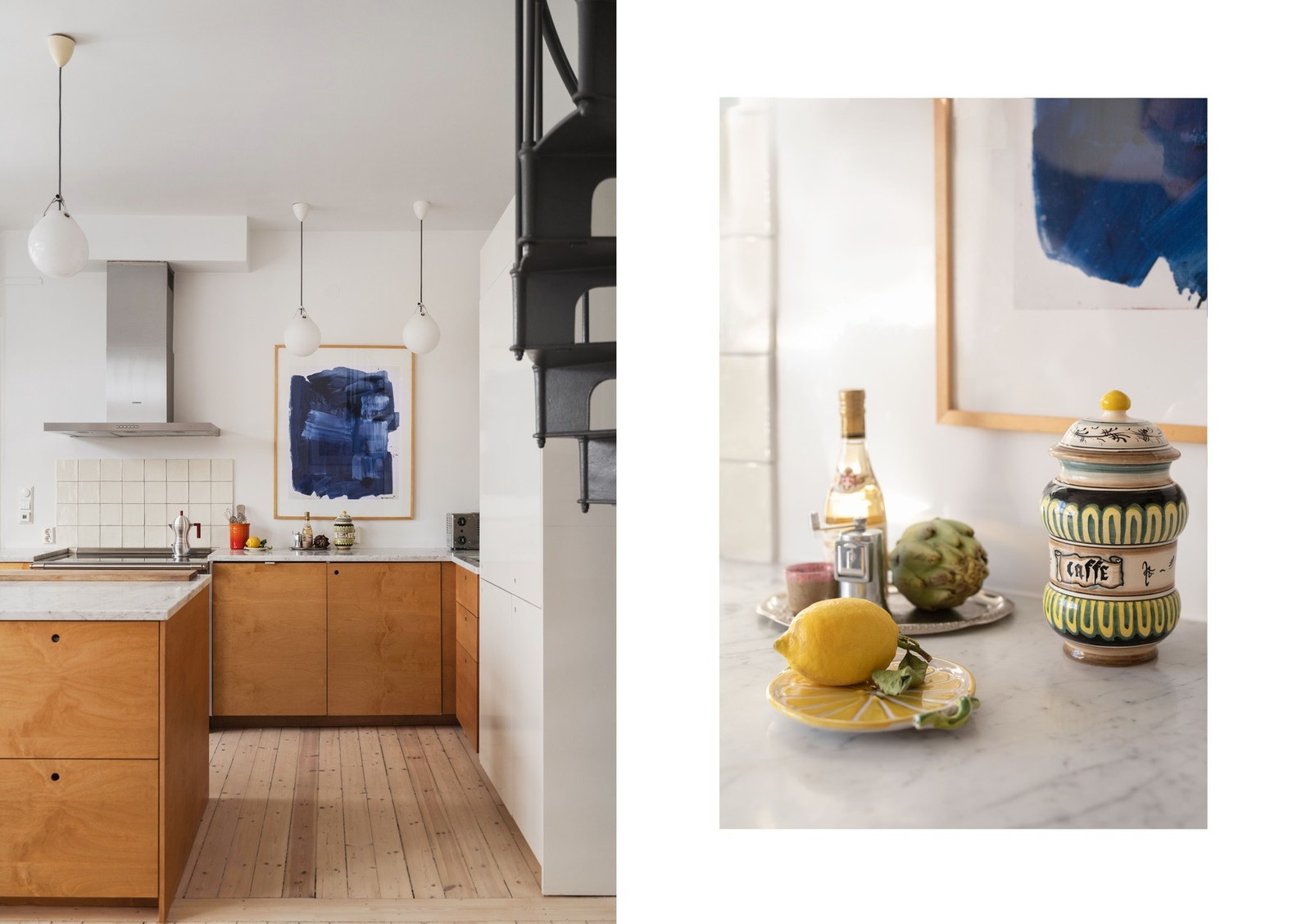 Kjøkkenet er innredet med benkeplater i marmor. Galleribilde