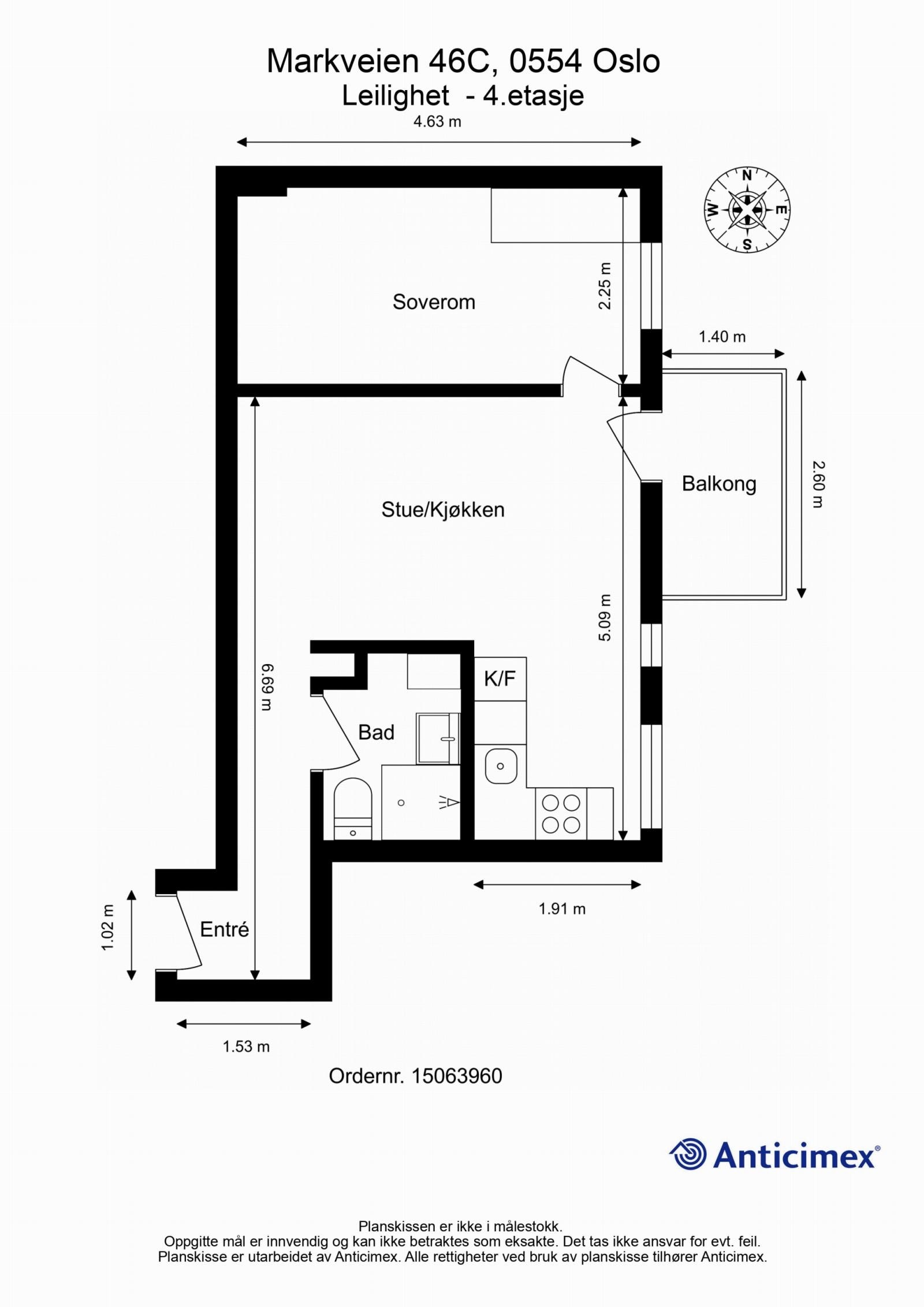 Dagens planløsning av leiligheten med kompass. Galleribilde