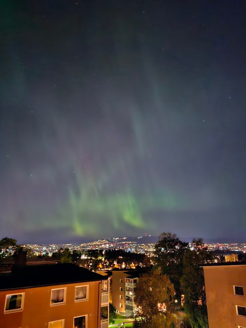 Selgers eget bilde av nordlys, tatt fra balkongen. Galleribilde