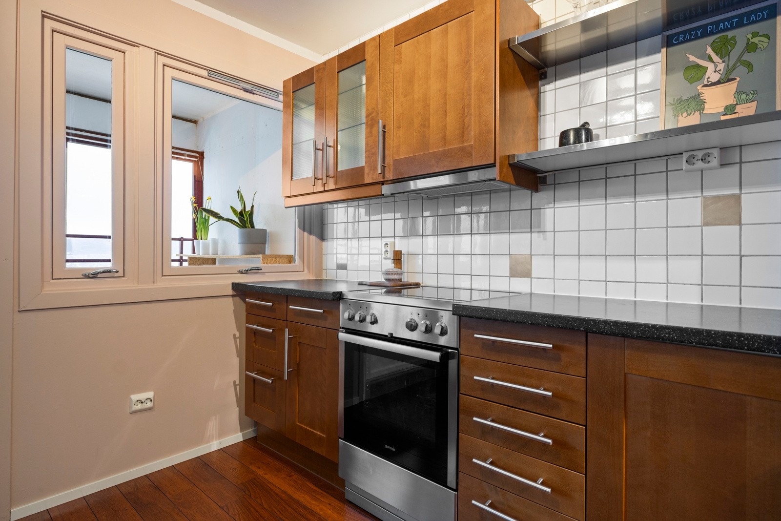 Over benken er det hvite fliser med noe dekor, og over kokesonen er en ventilator installert Galleribilde