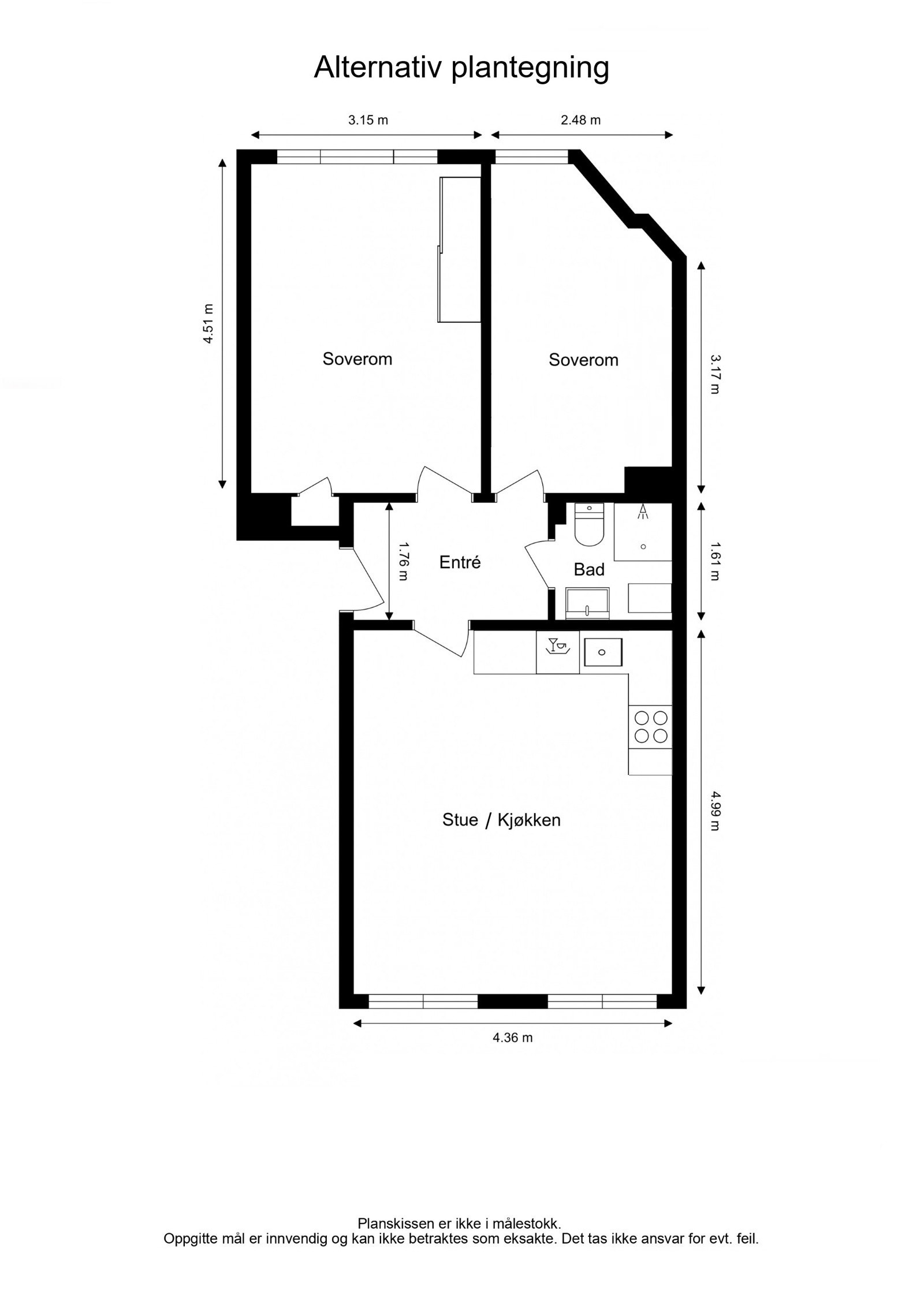 Forslag til alternativ planløsning med 2 soverom og åpen stue/kjøkkenløsning. Galleribilde
