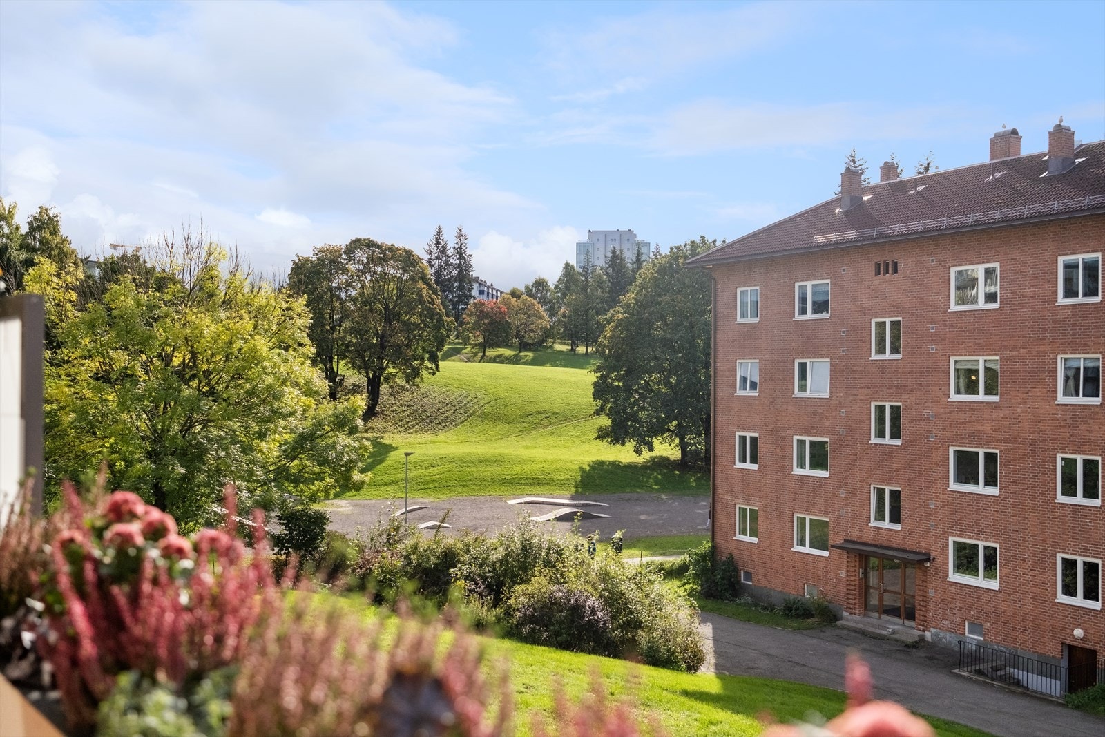 Hyggelig utsyn mot Torshovdalen, samt frodig plenarealer rett foran bygget. Galleribilde