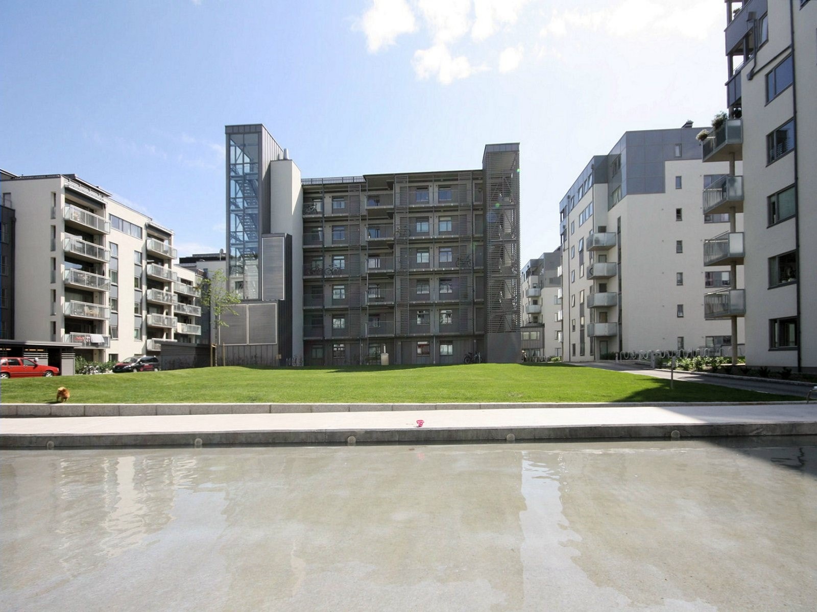 Flott bakgård med vannspeil og plen Galleribilde
