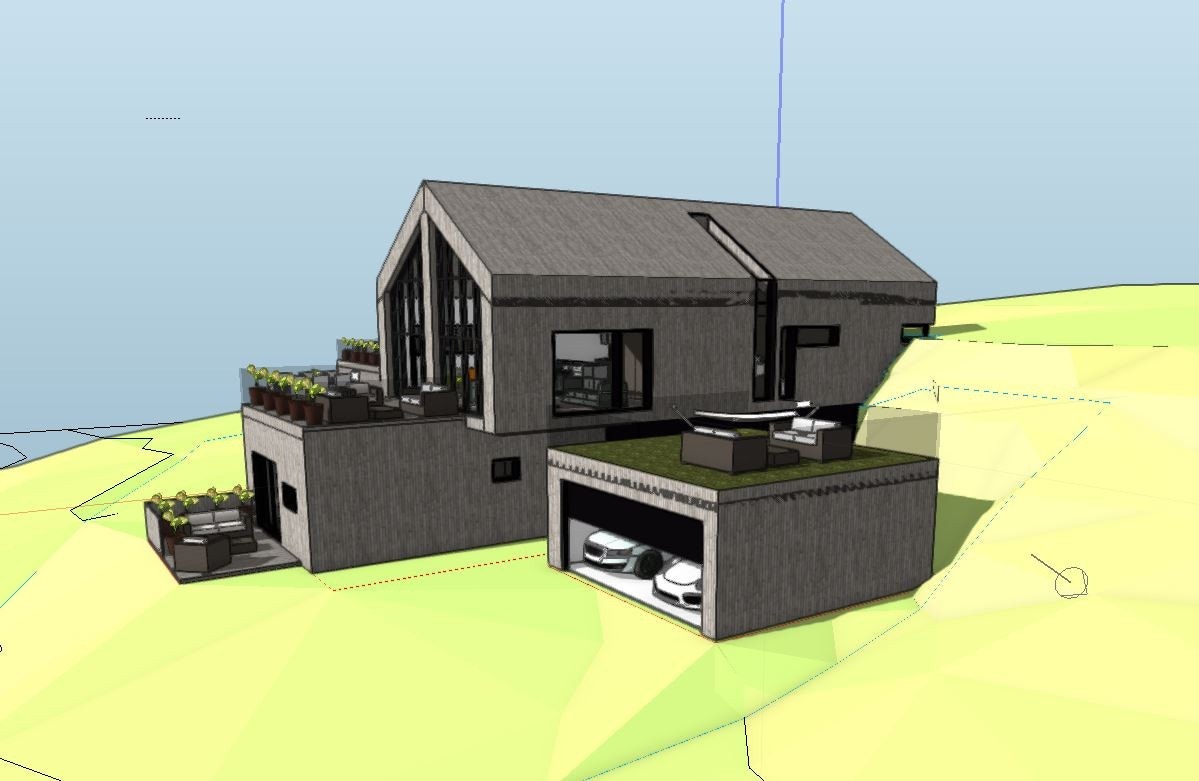 Illustrasjon fasade av enebolig med garasje som er plassert i stigende terreng i bakkant av boligen. Galleribilde