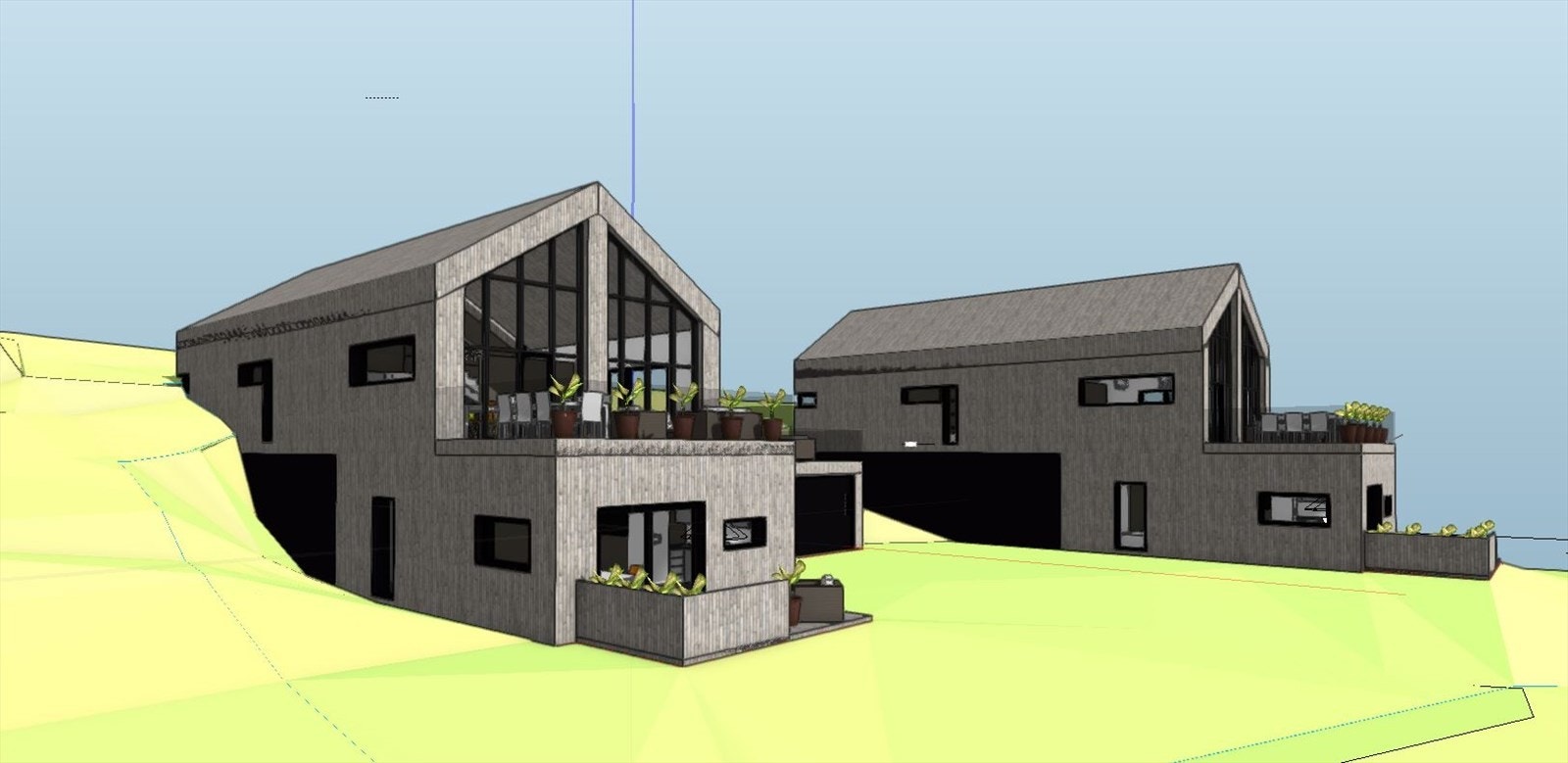 Illustrasjon av planlagt plassering av eneboligene på hver sin tomt. Denne tomt ligger til venstre. Galleribilde