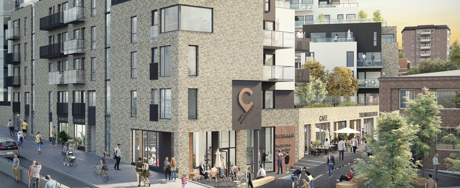 Nye Carl Berner Torg med en rekke butikker på gateplan Galleribilde