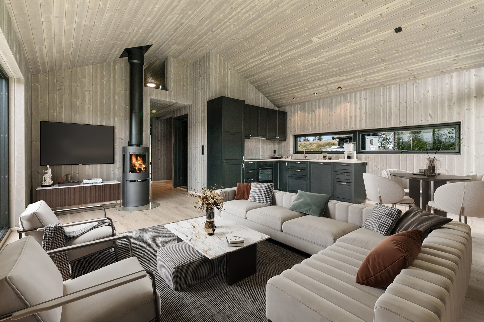 Bildet er digitalt stylet. Stue/kjøkken med åpen himling Galleribilde