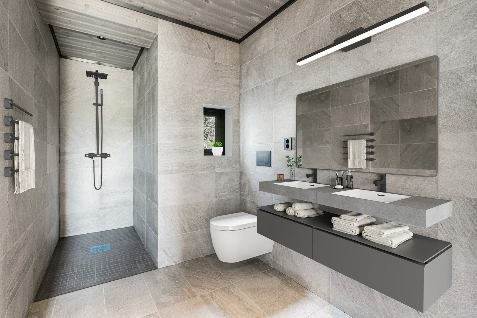 Bildet er digitalt stylet. Servant, armatur, innredning, håndkleholder og speil kan fravike fra leveranse. Delikat flislagt bad Galleribilde