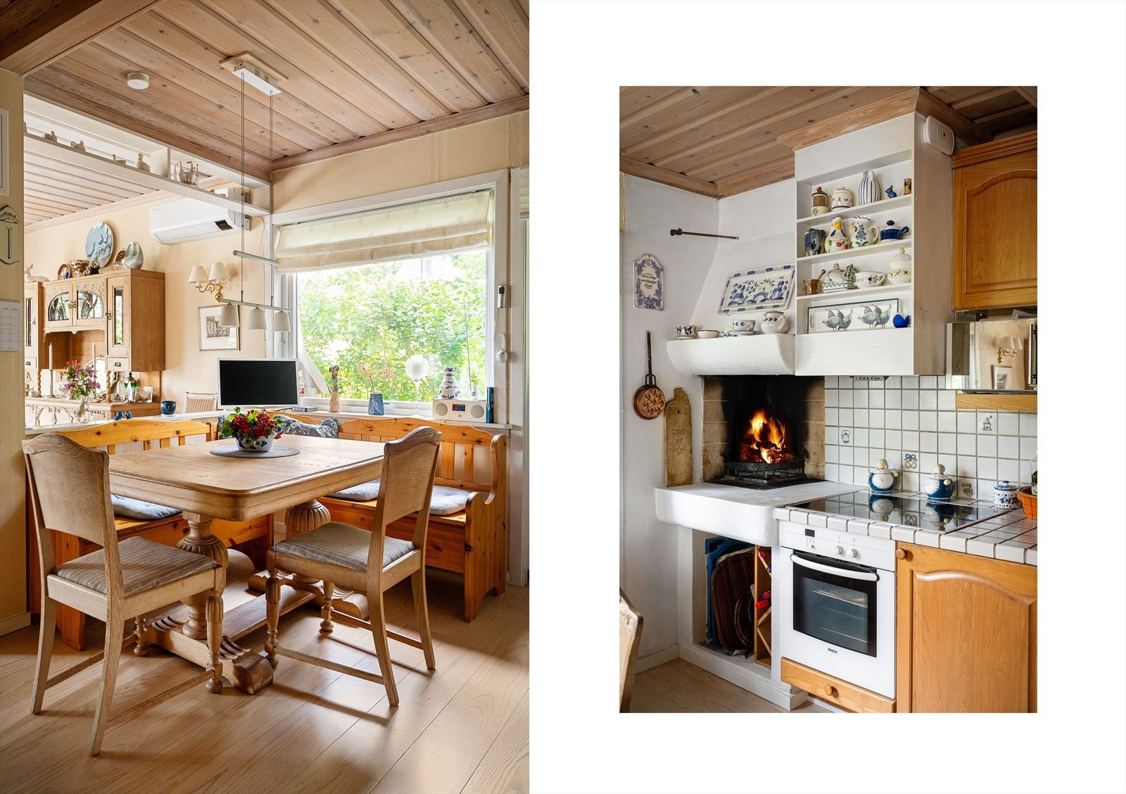 Kjøkken med hyggelig spiseplass og kjøkkenpeis. Galleribilde