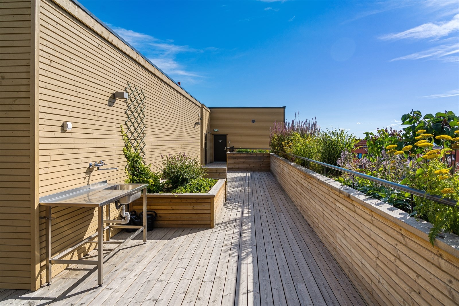 På toppen av bygget finnes en felles takterrasse til bruk for beboere. Galleribilde