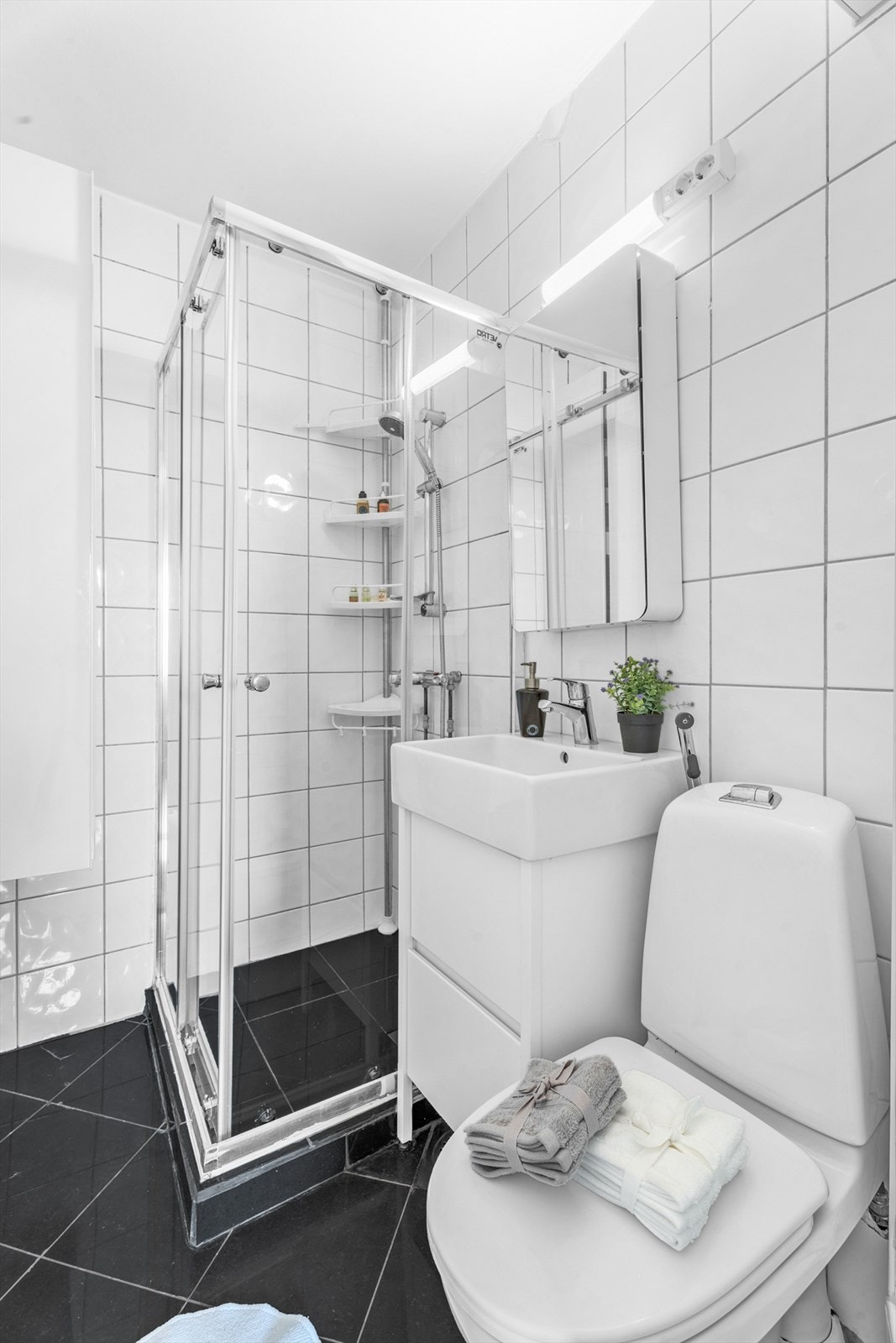 Videre består badet av dusj med dusjhjørnet, klosett, servant og baderomsinnredning. Galleribilde