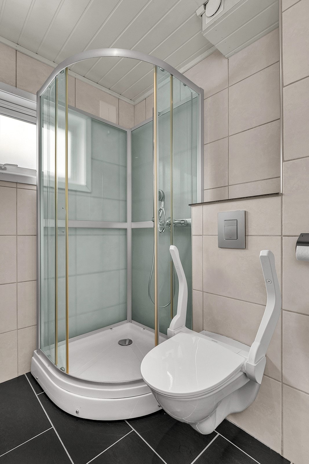 Dusjkabinett og veggmontert toalett Galleribilde