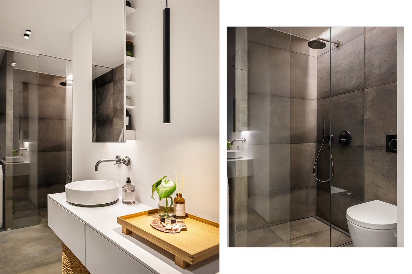 Rommet inneholder vegghengt toalett, nedsenket dusjnisje med skyvedør i herdet glass og bred, vegghengt innredning med skuffer, servant og speil med hyller. Galleribilde