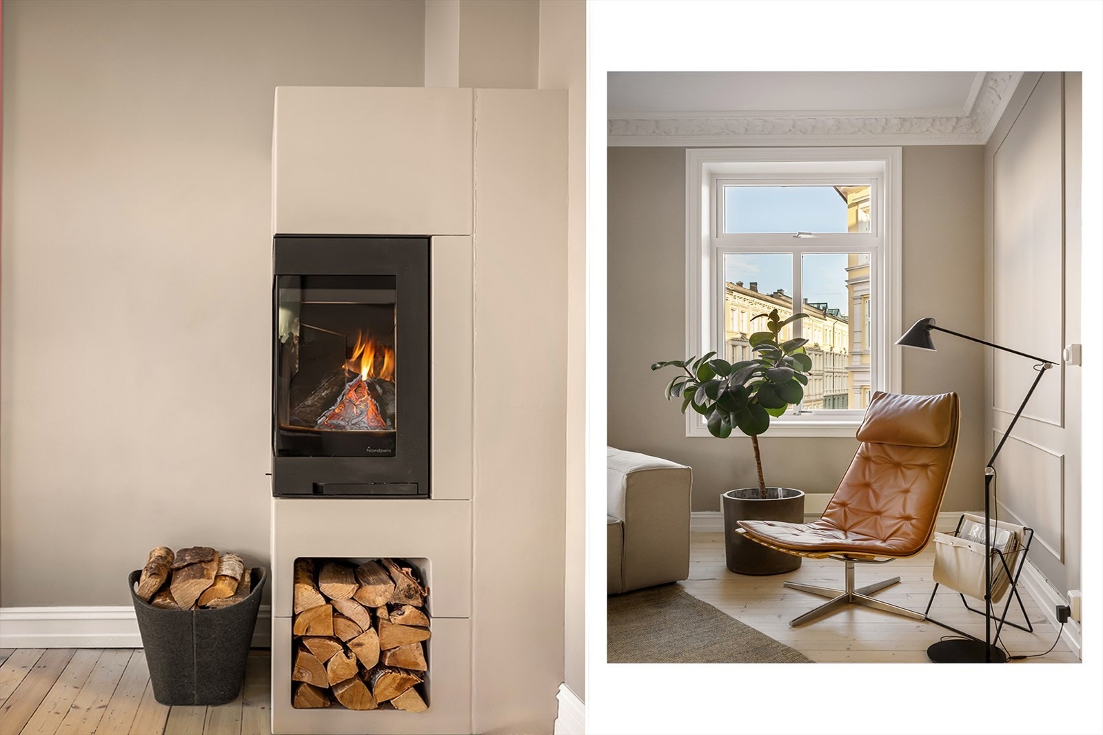 Spisestuen har en moderne peisovn fra 2023 som sikrer behagelig, vedvarende varme og bidrar til hyggelig stemning på kalde høst- og vinterkvelder. Galleribilde