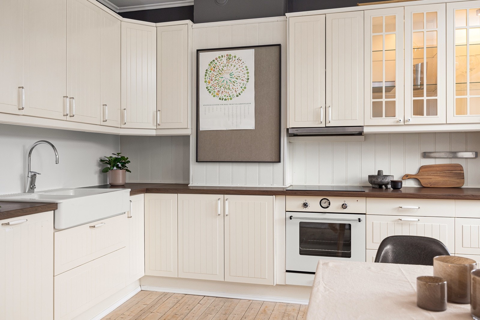 Ventilator med kullfilter. Vannrør av kobber. Synlige avløpsrør av plast. Automatisk lekkasjestopper. Galleribilde