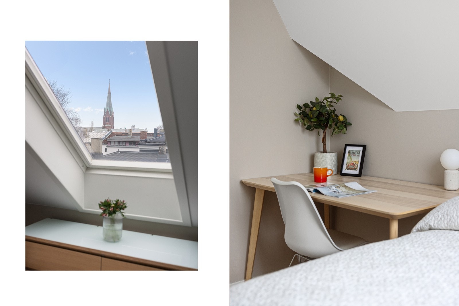 Lekkert utsyn fra velux-takvinduer. Det er også plass til skrivebord på soverom, som gir mulighet for hjemmekontor. Galleribilde