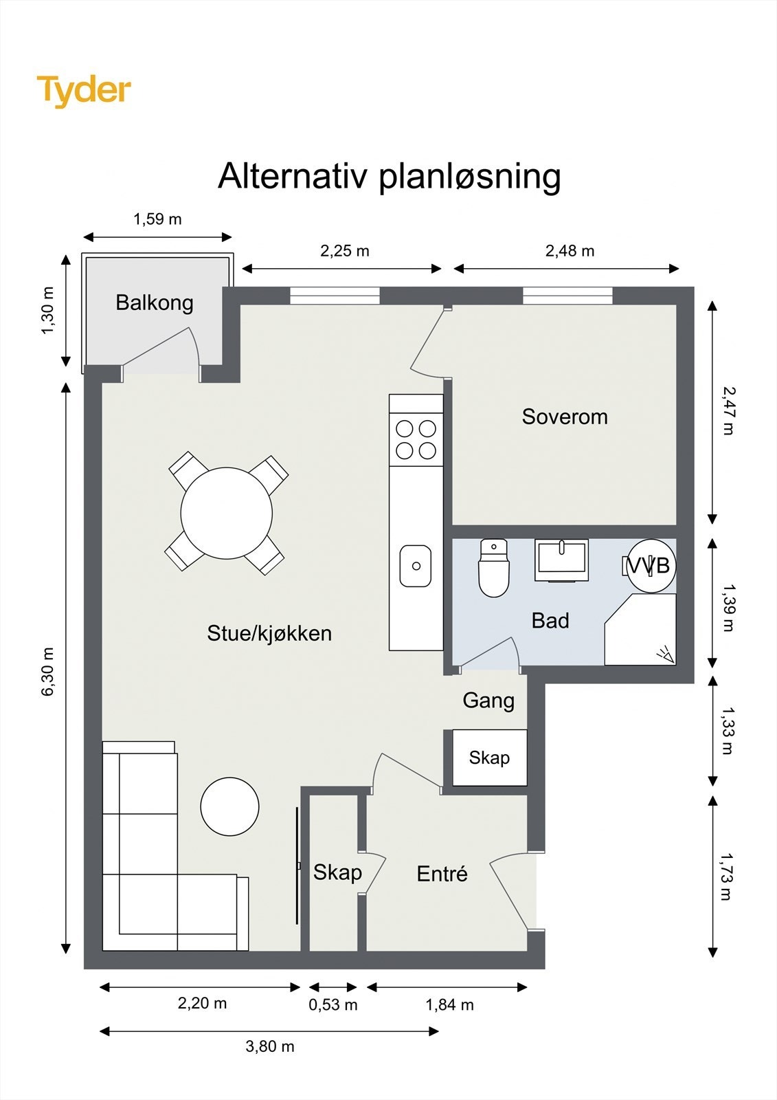 Alternativ planløsning for etablering av fullverdig 2-roms. Galleribilde