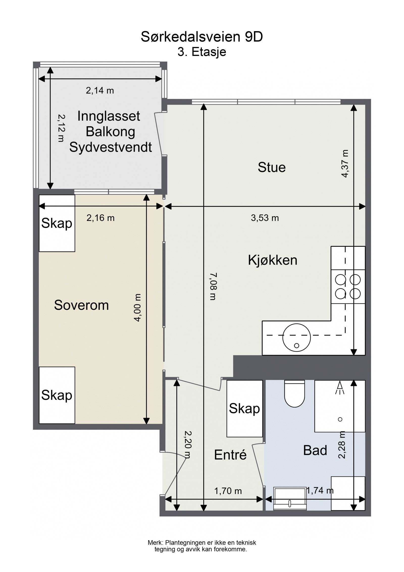 Plantegning. Leiligheten ligger i byggets 3. etasje. Det er heisadkomst til etasjeplan. Galleribilde