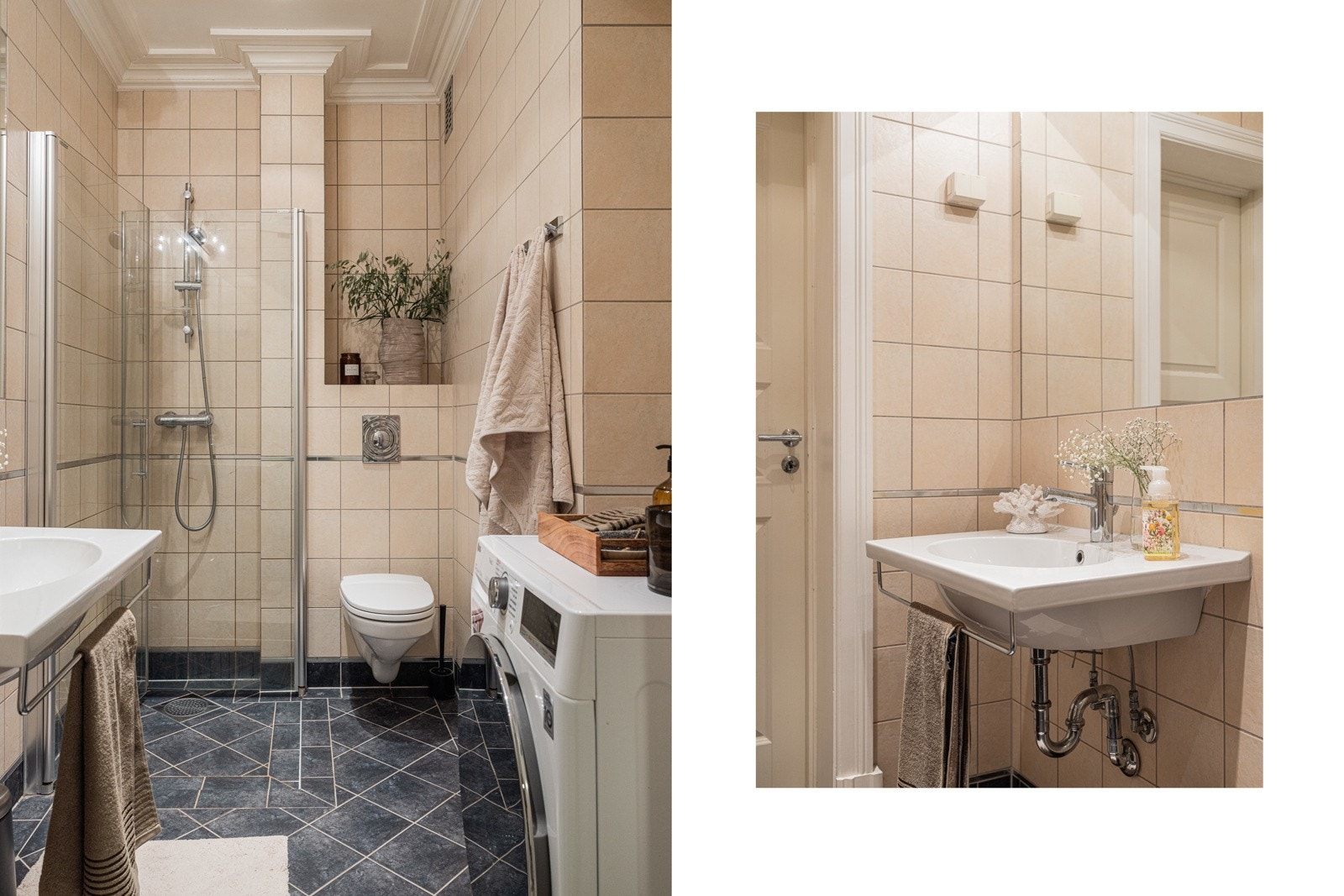 Badet fra 2005 med varmekabler i gulv og opplegg for vaskemaskin Galleribilde