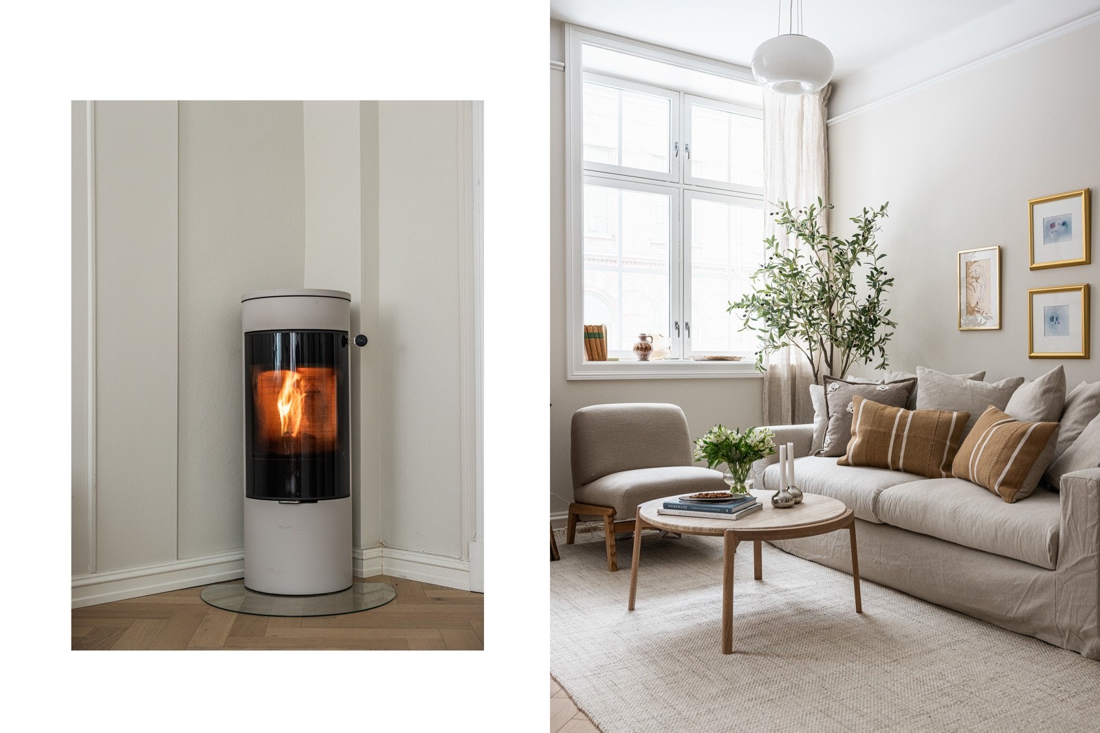 Meget effektiv og pen peisovn fra kvalitetsleverandøren Rais, i en lekker sand farge. Galleribilde