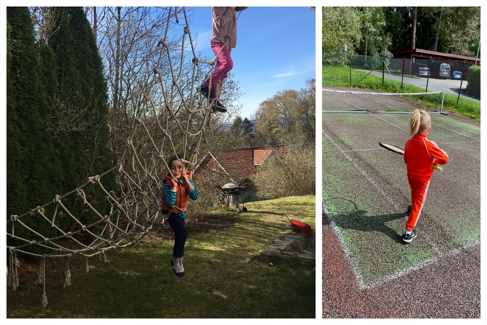 Moro for unga. Klatrevegg og trampoline bak huset. Tennisbane som nærmeste nabo. Galleribilde