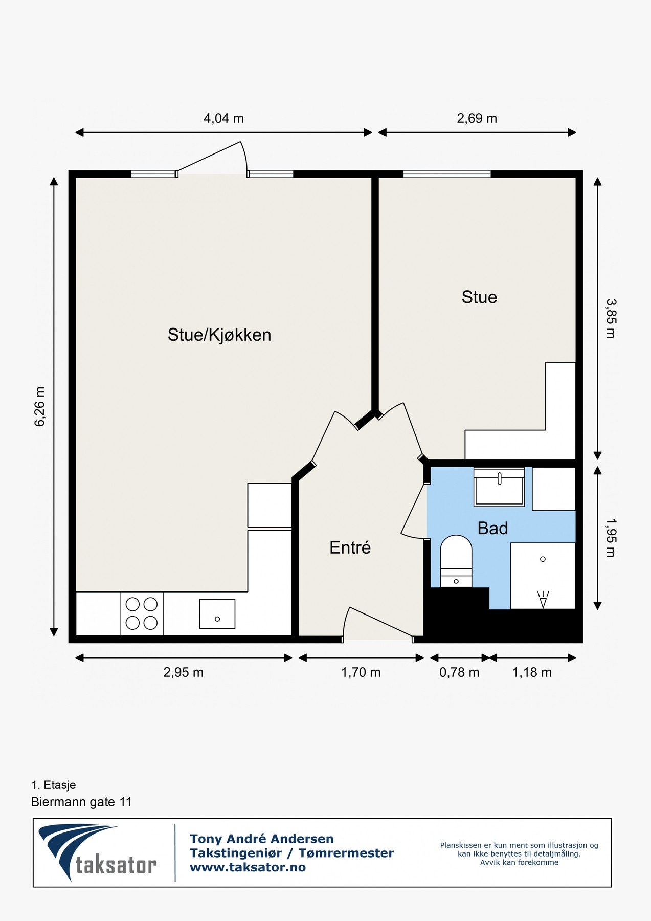 Leiligheten ligger i blokkens 1. etg og inneholder: Åpen stue/kjøkkenløsning med utgang til markterrasse. Soverom, bad/WC og entrè. I tillegg er det en kjellerbod på ca. 5 kvm. Galleribilde