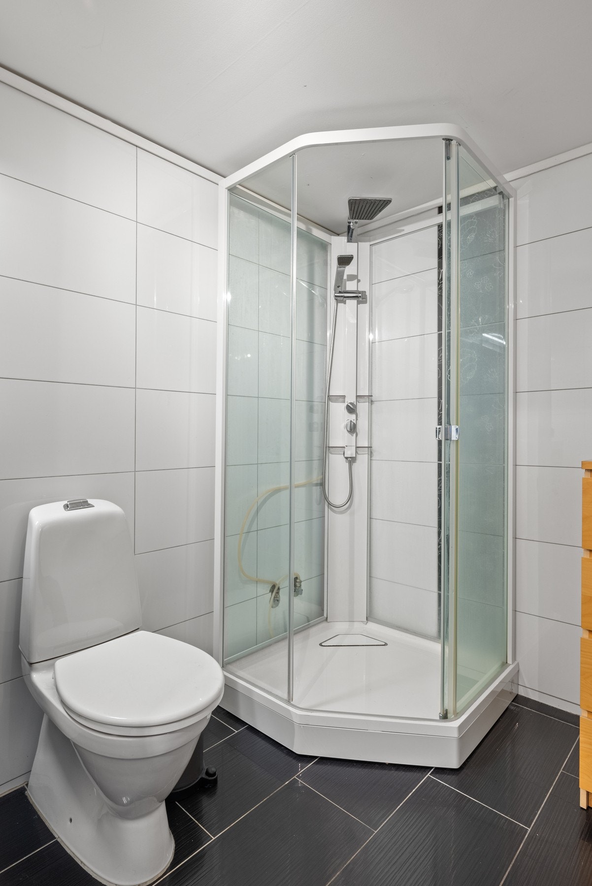 Utstyrt med servantskap, wc, dusjkabinett og mekanisk avtrekk. Galleribilde