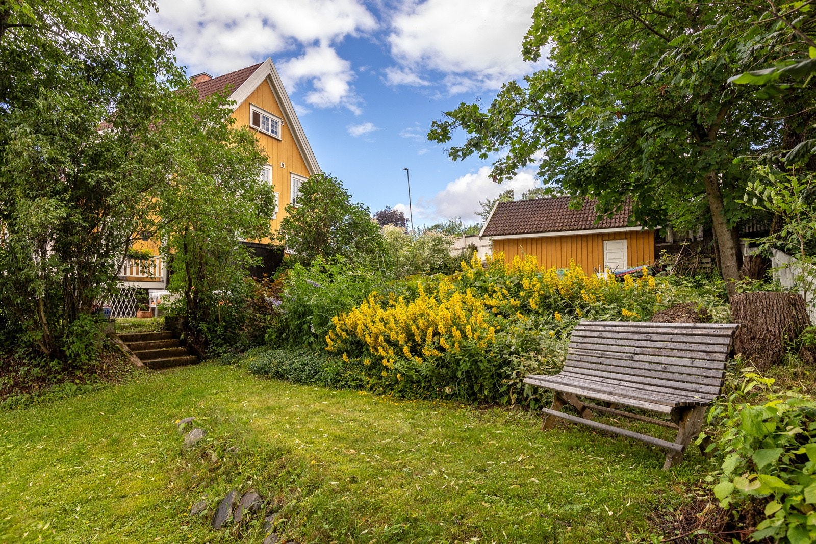 Lun, skjermet og veletablert hageomeråde med fine plenarealer og godt med beplantninger. Galleribilde