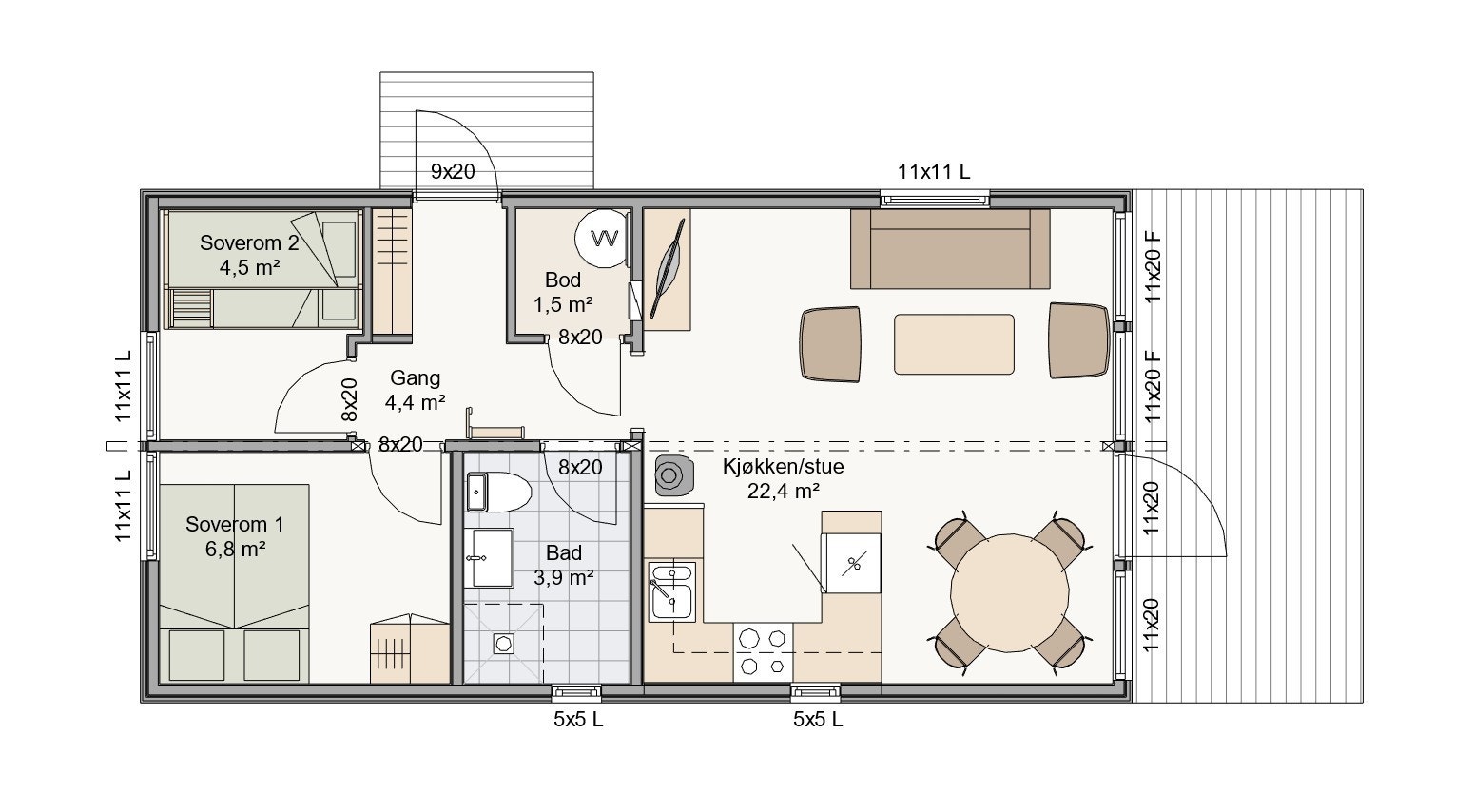 To soverom, bad, bod og stue/kjøkken. Galleribilde