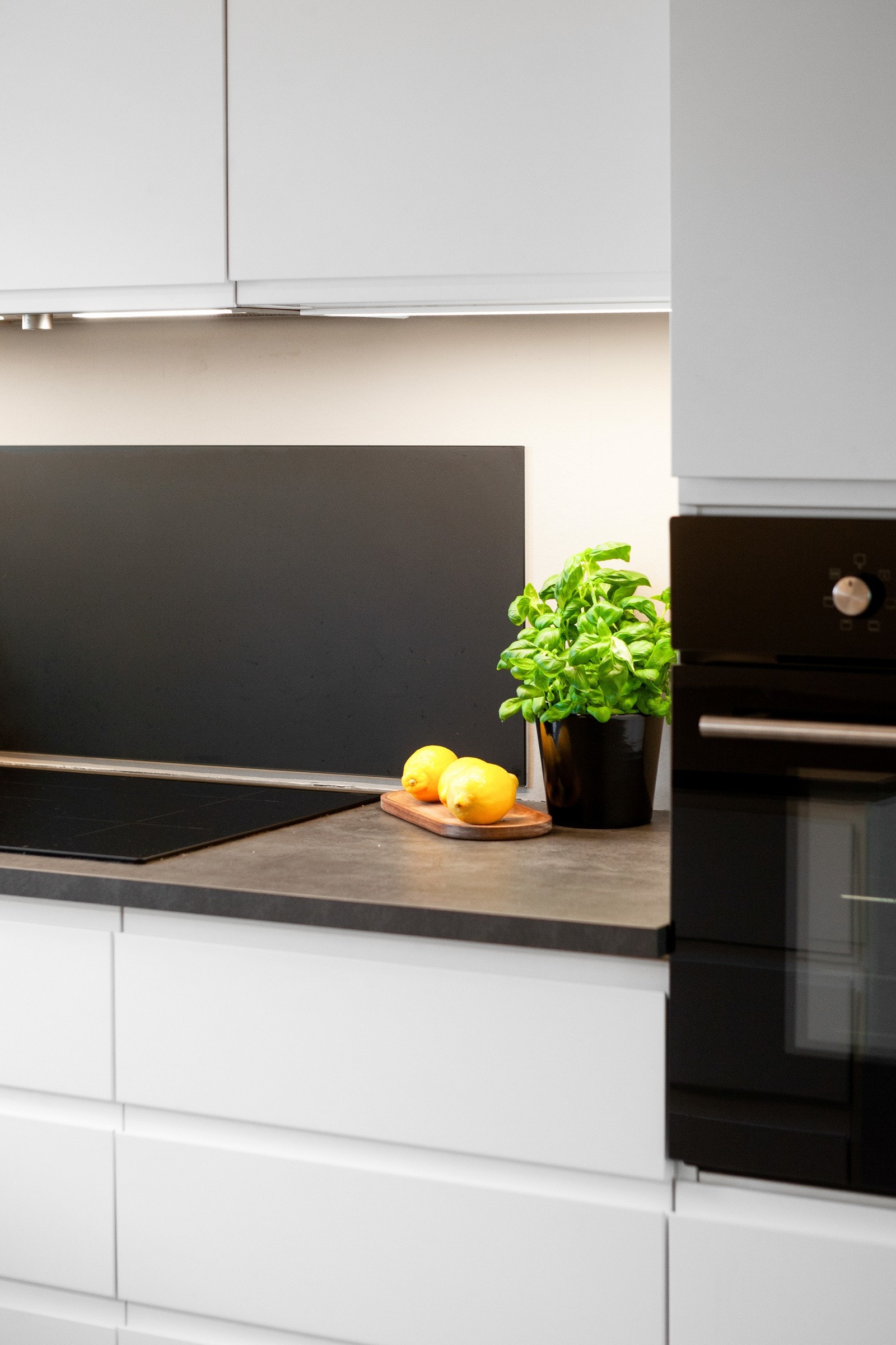 Det er integrert induksjonstopp, stekeovn og ventilator, samt opplegg for oppvaskmaskin i benk og plass til kjøl/frys. Galleribilde